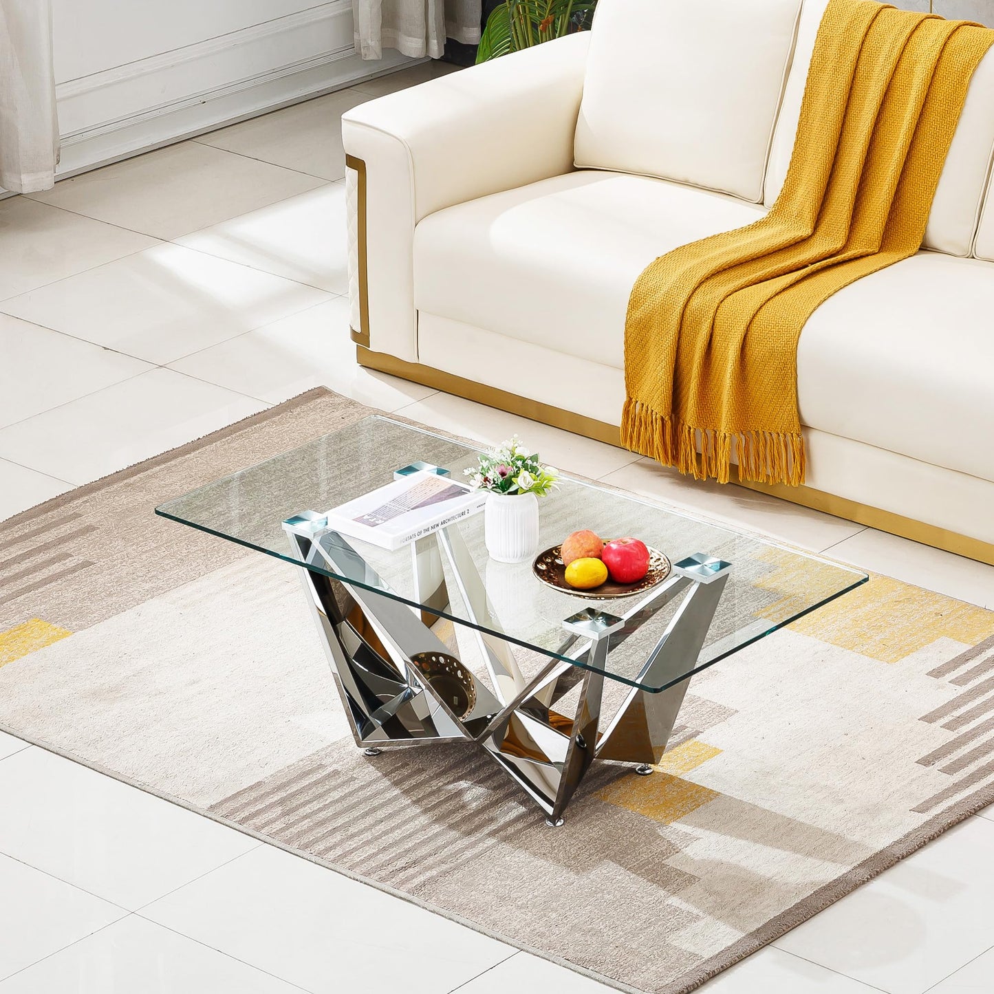 Glass Living Room Table Set of 3, Modern Glass Cofee Tables Set with Stainless Steel Base for Living Room Bedroom, Rectangle Glass Coffee Table and end Table Sets