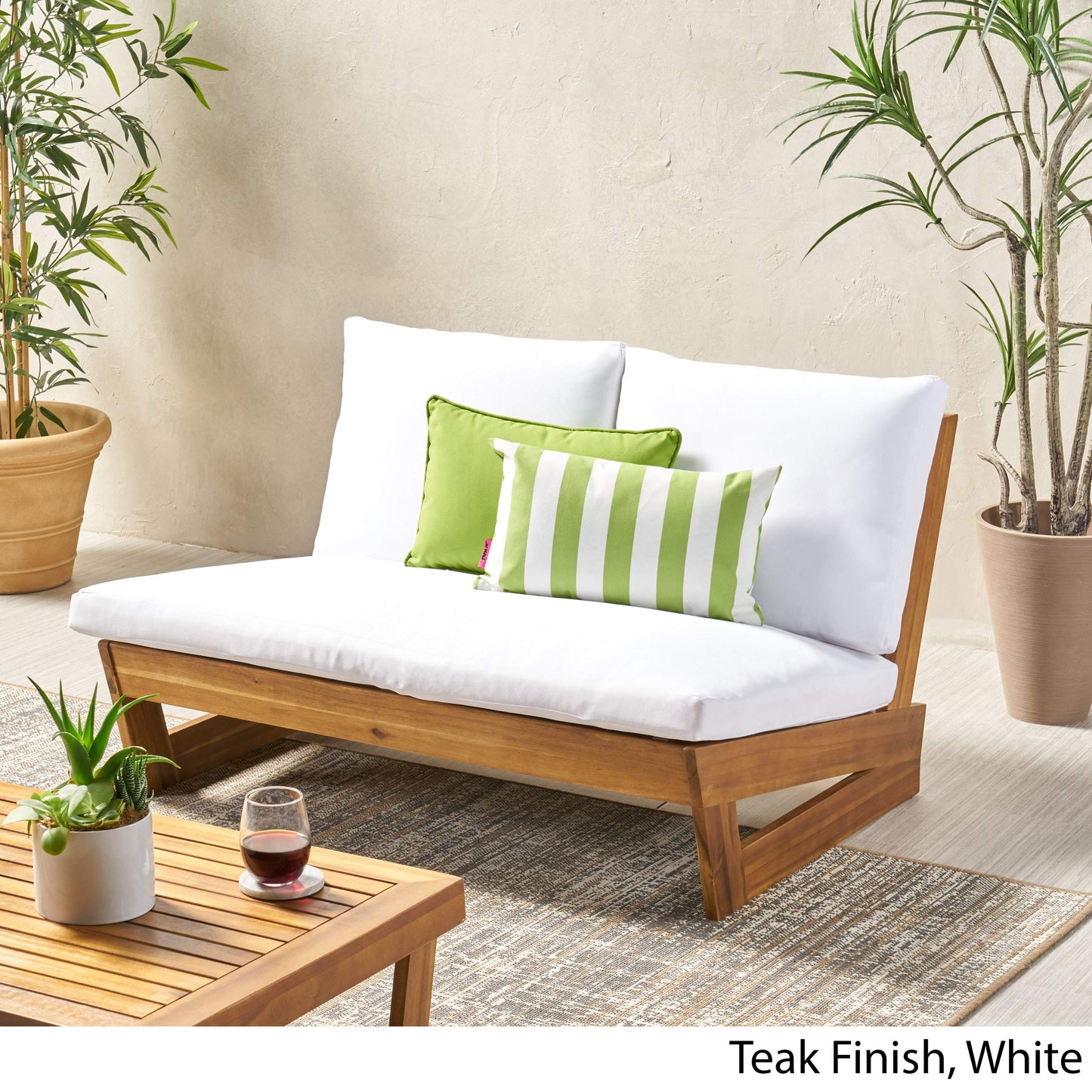 Great Deal Furniture Kaitlyn Outdoor Acacia Wood Loveseat with Cushions, Teak and White