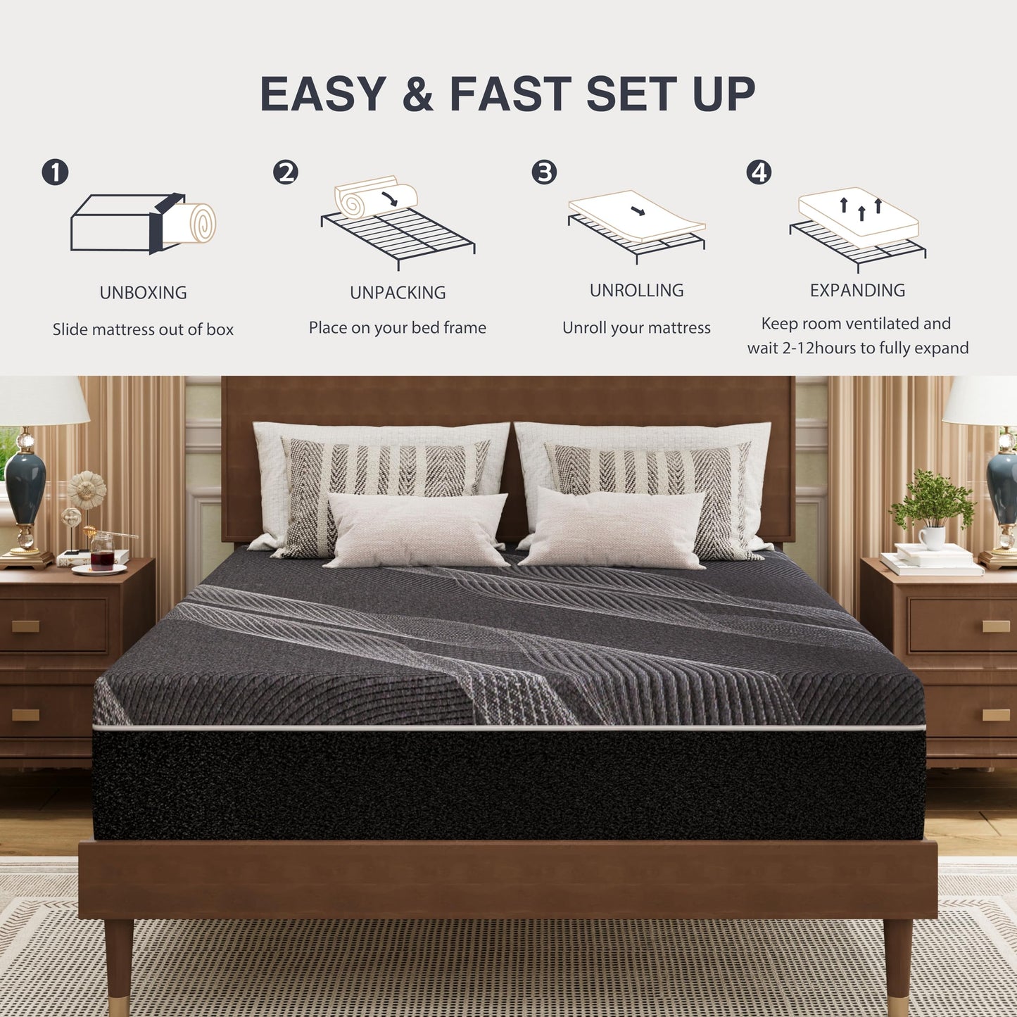 Dyonery Queen Mattress 10 Inch Charcoal Gel Memory Foam in a Box, CertiPUR-US Certified, Fiberglass Free, Cooling Double Mattress, Made in The USA of US Foam, 80" × 60" × 10", Medium