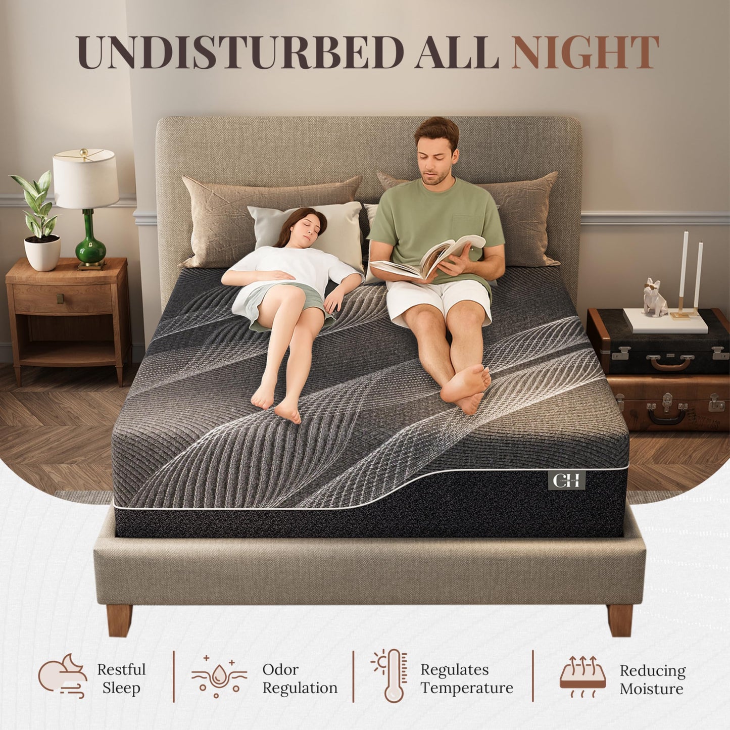 CH CHARME HOUSE 14 Inch King Mattress, Bamboo-Charcoal Memory Foam Mattress, Cooling & Pressure Relief, Bed in a Box, Foam Made in USA & CertiPUR-US Certified, 76"x80"x14", Black