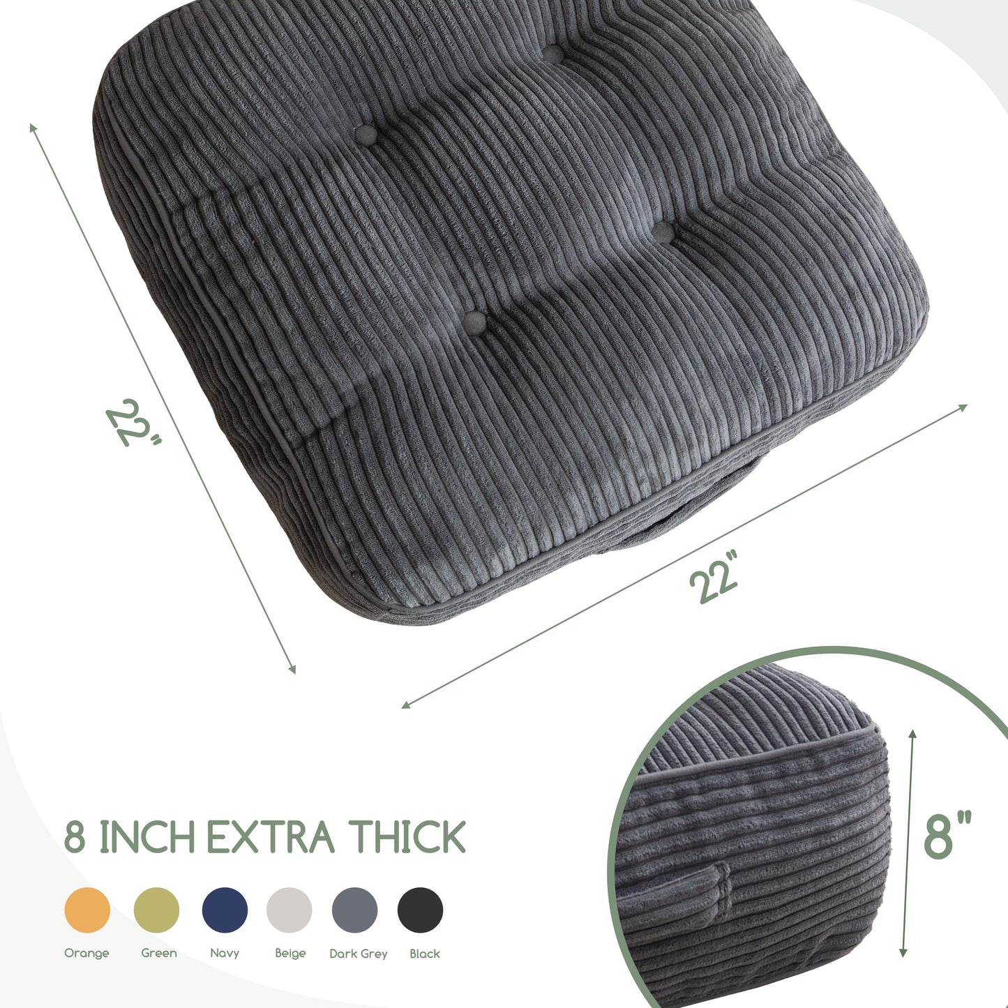 8" Washable Floor Pillow Cushion for Adults, Meditation Cushion Pillow, Large Square Floor Sitting, Removable Tufted Corduroy Cover, for Tatami Living Room or Yoga, 22x22 Inch, Machine Washable