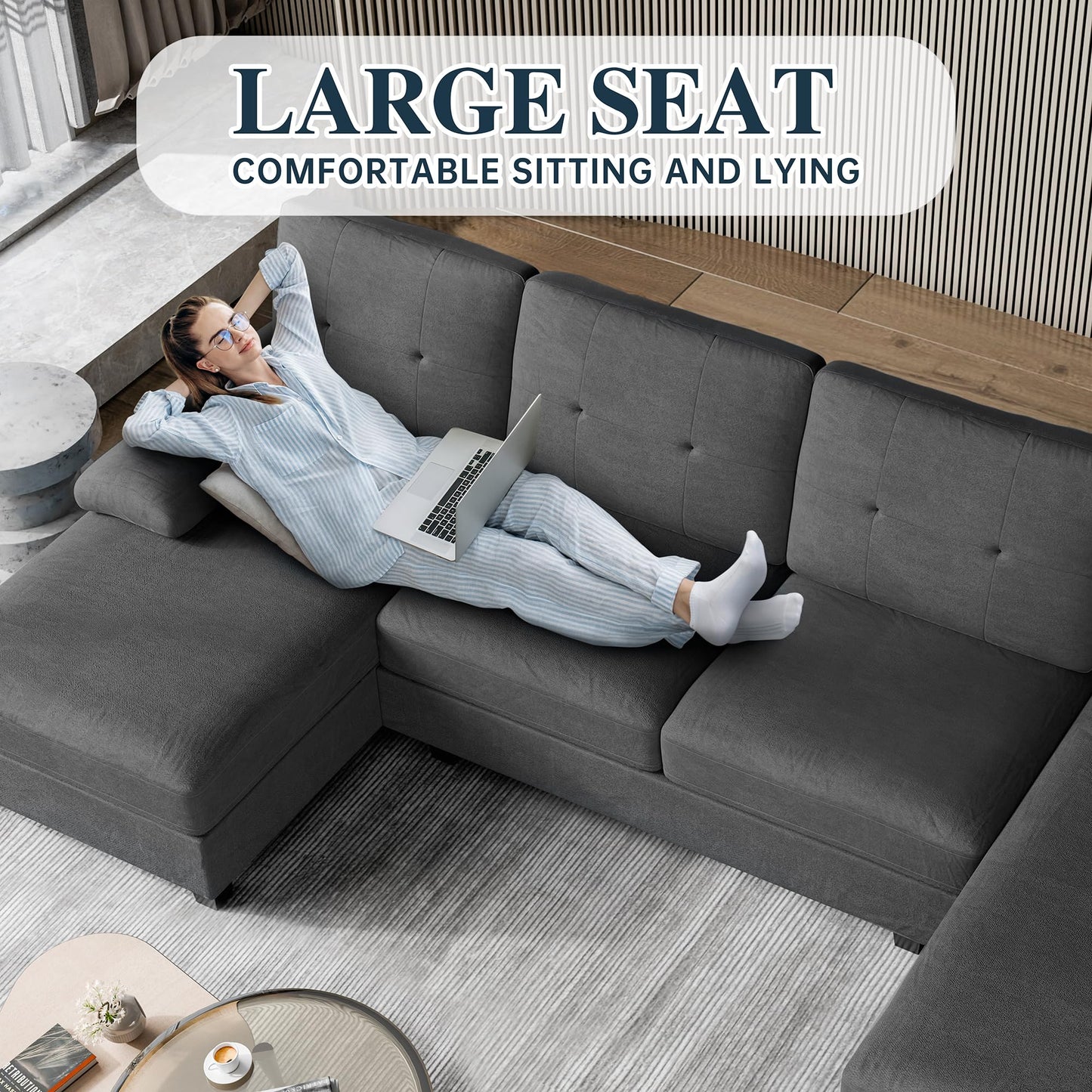 Meilocar Sectional Couches for Living Room, 106 in U Shaped Couch Soft Sectional Sofa with Double Chaise, Comfortable Fabric 4 Seat Sofa Couch for Apartment (Black)