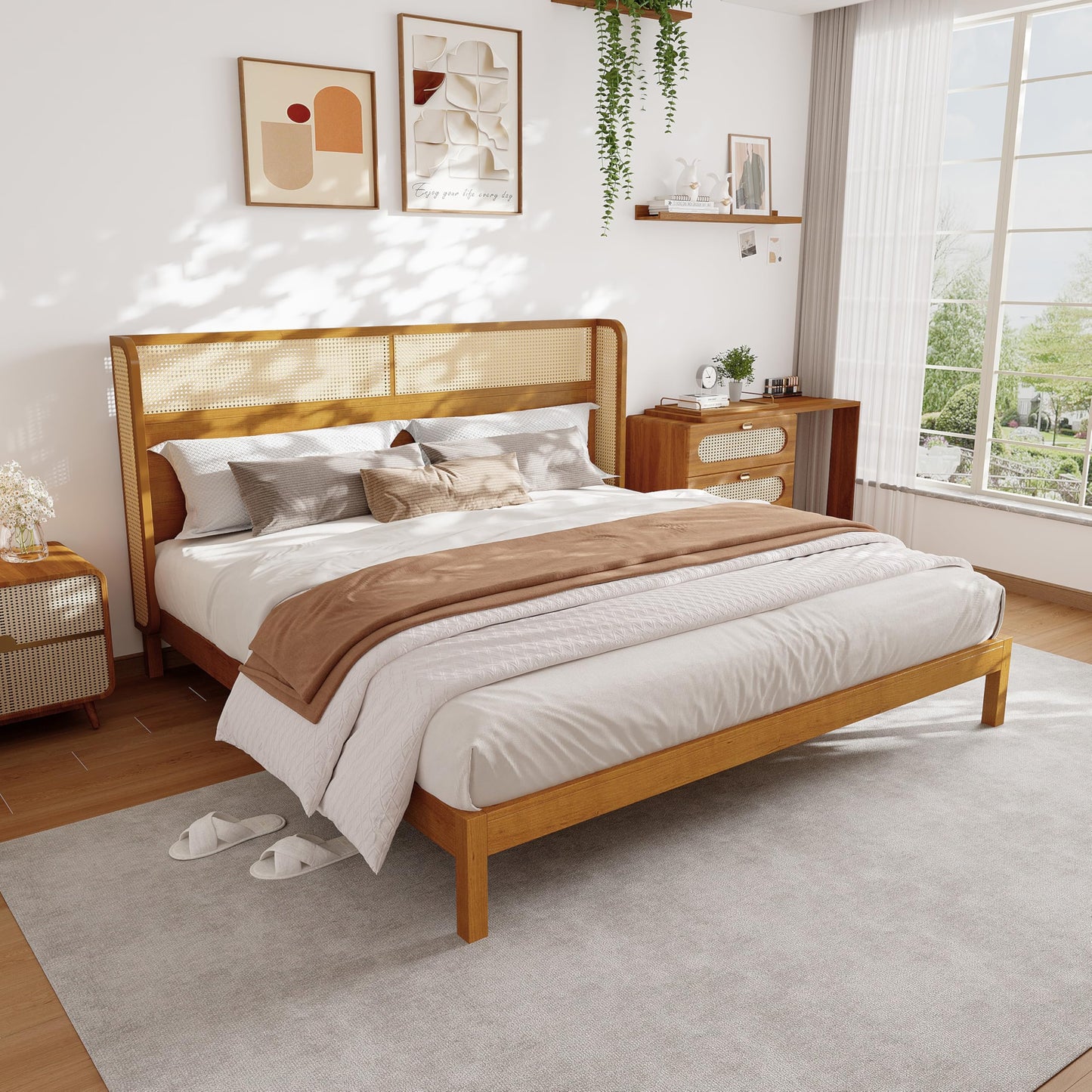Merax King Size Premium Rubber Wood Platform Bed Frame, with Headboard, Mid Century Modern, Natural