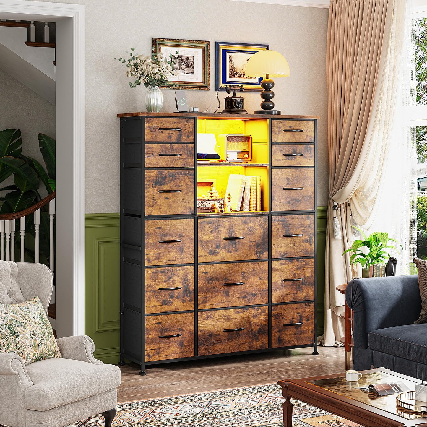 Romorgniz Tall Dresser for Bedroom with Charging Station and LED, Fabric Chests of Drawers with 15 Drawers and Extra 2 Open Shelves for Storage and Organization, for Closet, Hallway (Rustic Brown)