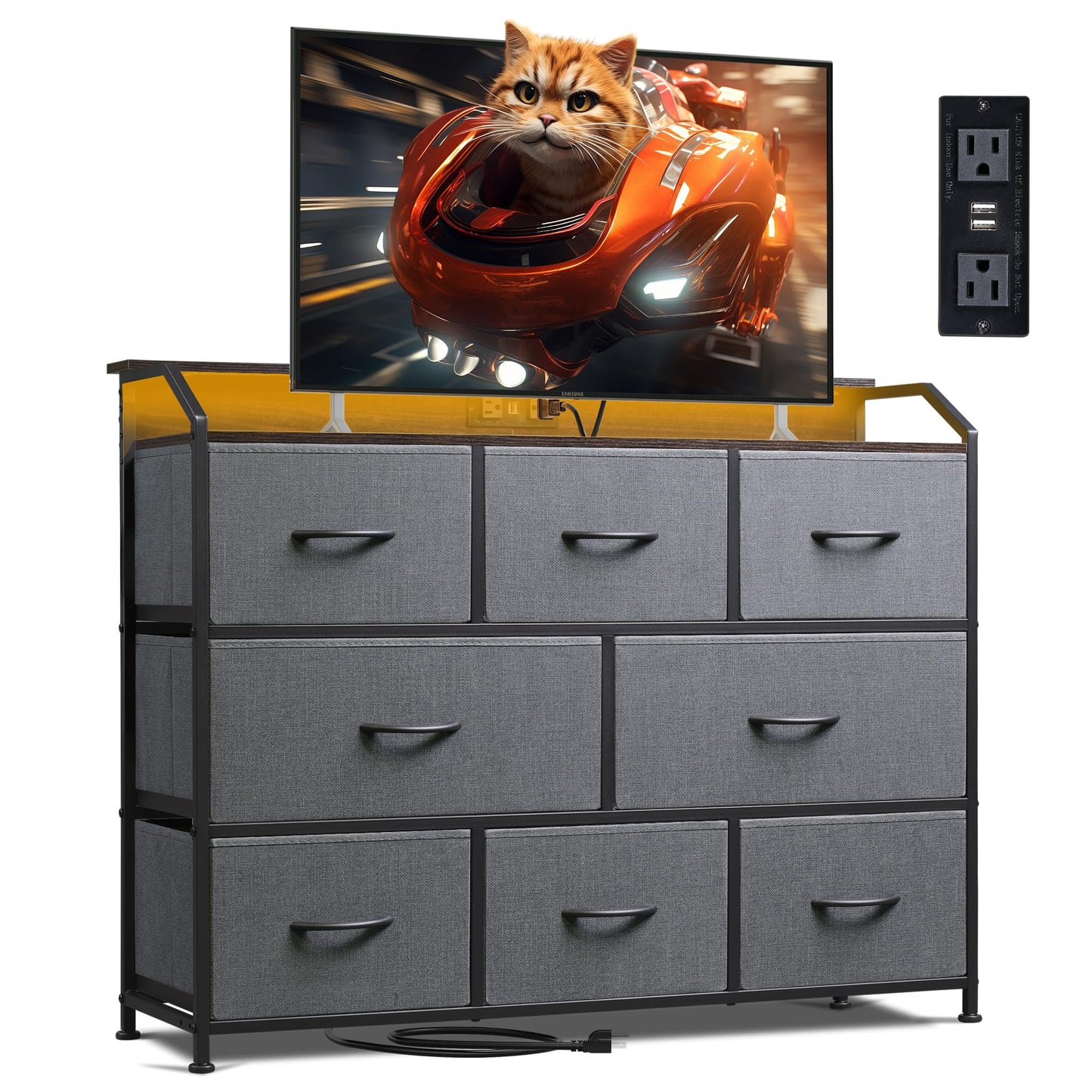 WLIVE Dresser TV Stand with Power Outlets, Led Dresser for Bedroom, Fabric Chest of Drawers with Double Open Shelves, Wood Top, Steel Frame, 6 Drawer Dressers for Closet, Living Room, Dark Grey