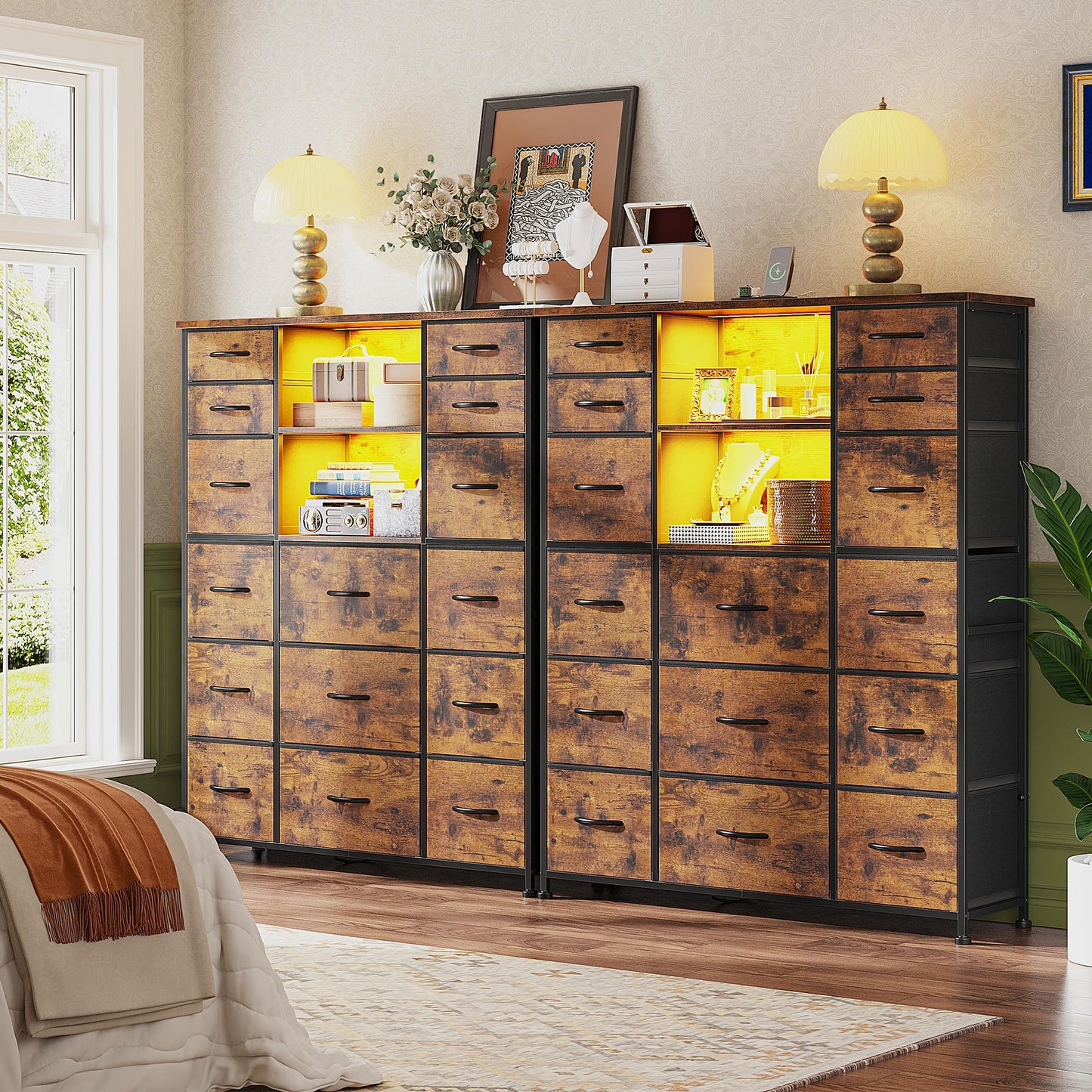 Romorgniz Tall Dresser for Bedroom with Charging Station and LED, Fabric Chests of Drawers with 15 Drawers and Extra 2 Open Shelves for Storage and Organization, for Closet, Hallway (Rustic Brown)