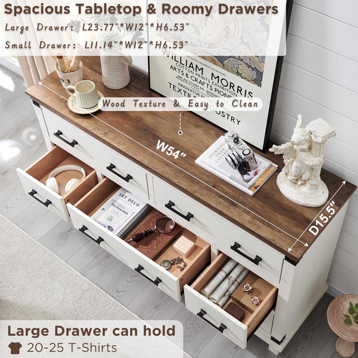 T4TREAM Farmhouse 7 Drawers Dresser for Bedroom, 54" Wide Wood Chest of Drawers w/Natural Texture & Metal Handle, Rustic Storage Dressers Organizer for Living Room, Hallway, Antique White