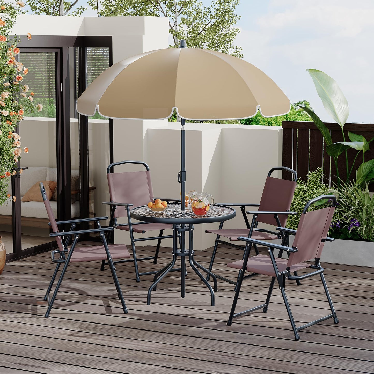 Patio Dining Set for 4 With Umbrella, Outdoor Furniture Set With 4 Folding Dining Chairs, Outdoor Table Umbrella Set With Tempered Glass Top Dinings Table