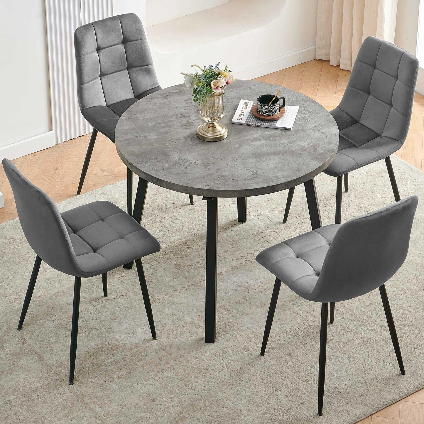 Homedot Kitchen Table and Chairs Set for 4, 37" Grey Round Dining Table with Hooks, Solid MDF Faux Wood Tabletop, Grey Velvet Dining Chairs Upholstered Side Chair with Back