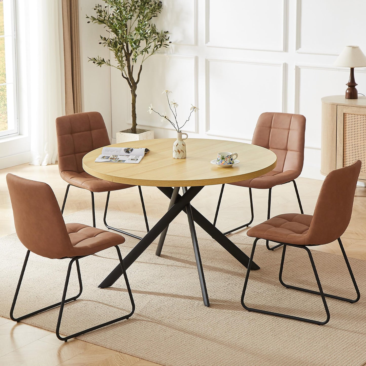 HIPIHOM 45.3 Inch Round Dining Table Set for 4, Mid Century Modern Small Kitchen Coffee Set for Dining Room Kitchen Apartment (Cream Table + 4 U-Shaped Brown Chairs)