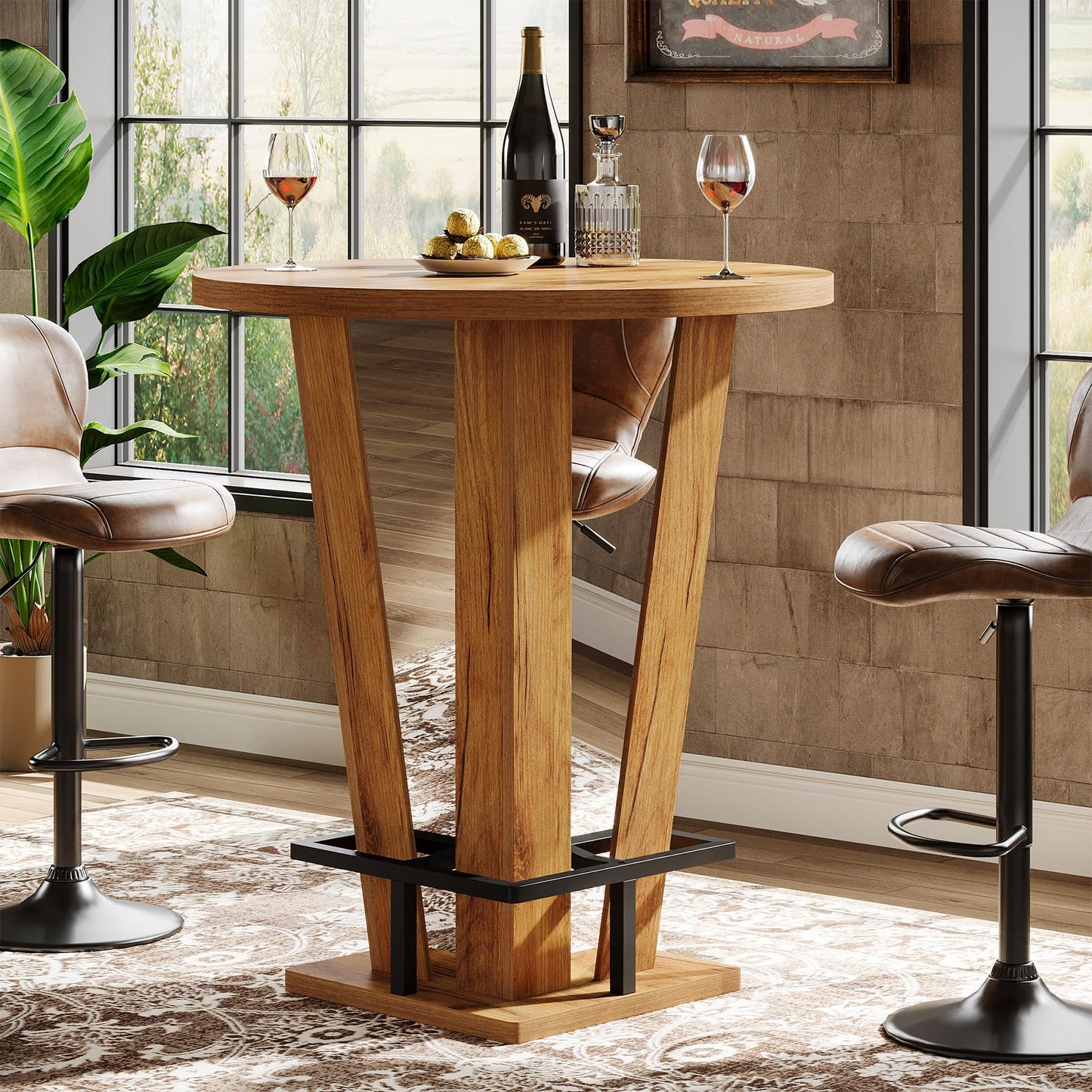 Tribesigns Round Bar Table, 39.4" H High Top Cocktail Bistro Pub Table with Metal Footrest for Living Room, Small Space (Only Table) (Brown)