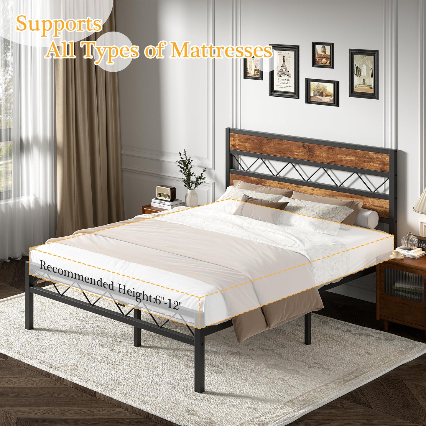 VECELO Full Size Bed Frame with Headboard, Heavy-Duty Platform Bedframe with Metal Slats Support, No Box Spring Needed, Easy Assembly, Black & Brown