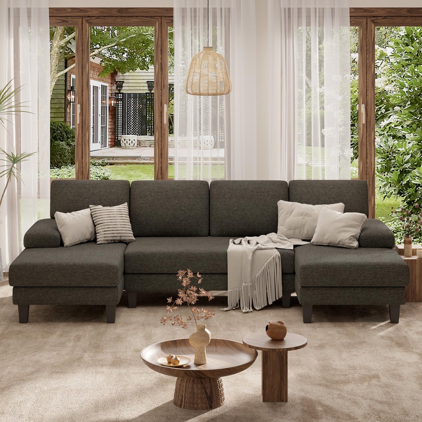 Luxanimarion U-Shaped Sectional Sofa Couch for Living Room, Modern Modular Sofa with Double Chaise, Classic Lounge Couch Sleeper for Apartment, Darkbrown