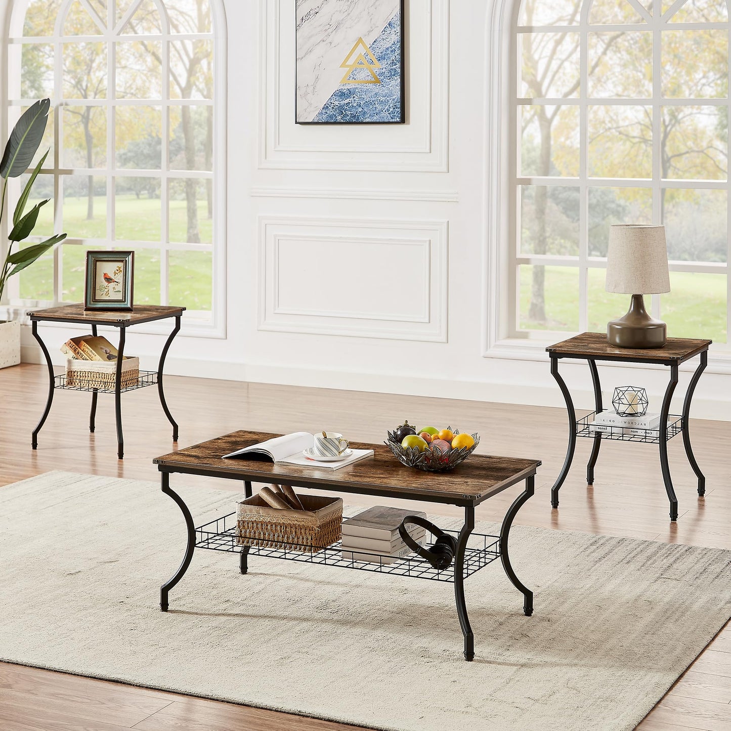 VECELO 3 Pieces Living Room Table Sets, Coffee and End Tables with Open Storage Shelves for Apartment, Home Office, Small Space, Easy Assembly, Brown