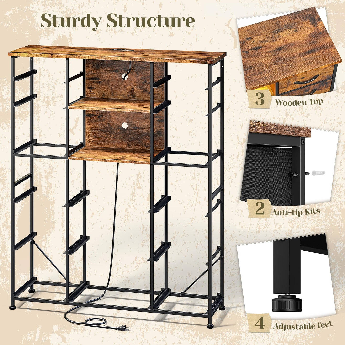 Romorgniz Tall Dresser for Bedroom with Charging Station and LED, Fabric Chests of Drawers with 15 Drawers and Extra 2 Open Shelves for Storage and Organization, for Closet, Hallway (Rustic Brown)