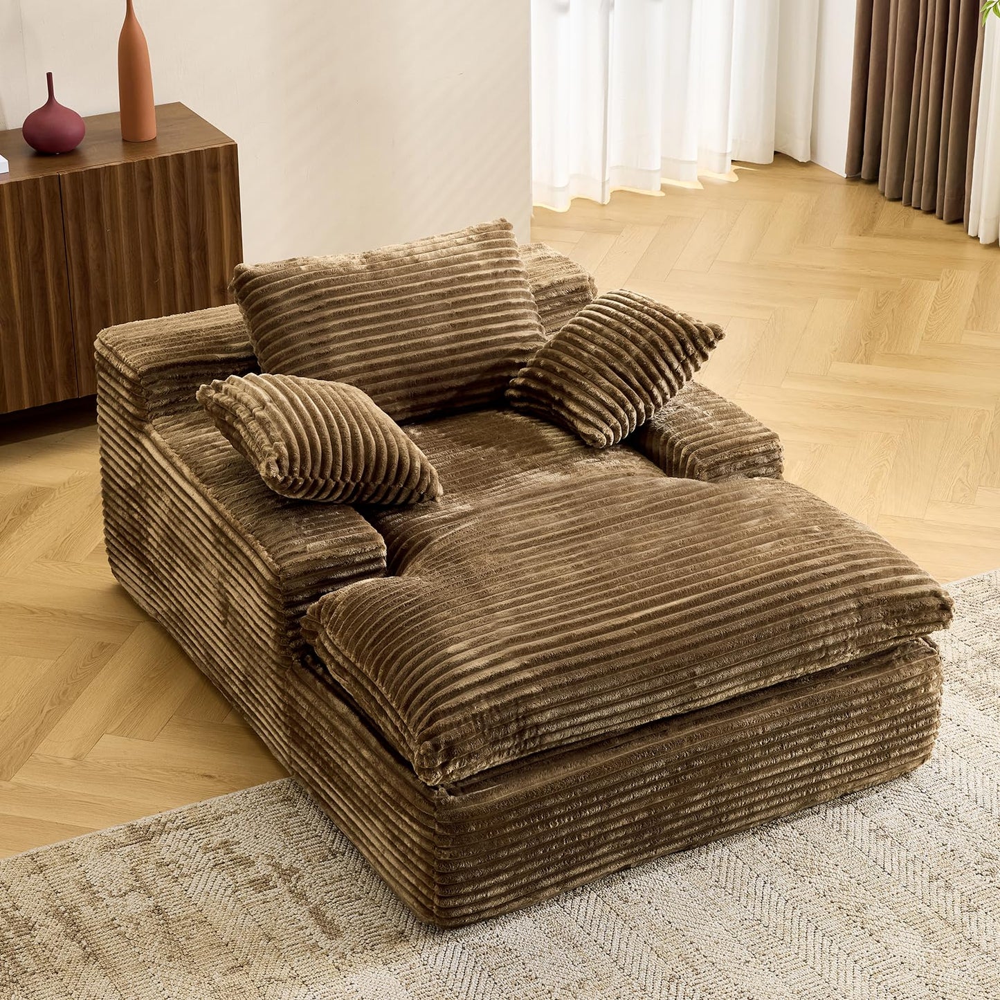 67" Boneless Chaise Lounge Chair Indoor, Oversized Corduroy Upholstered Sofa Bed, Deep Seat Sleeper Couch Reading Chairs Cloud Sofas Couches for Living Room Bedroom, No Assembly Required, Brown