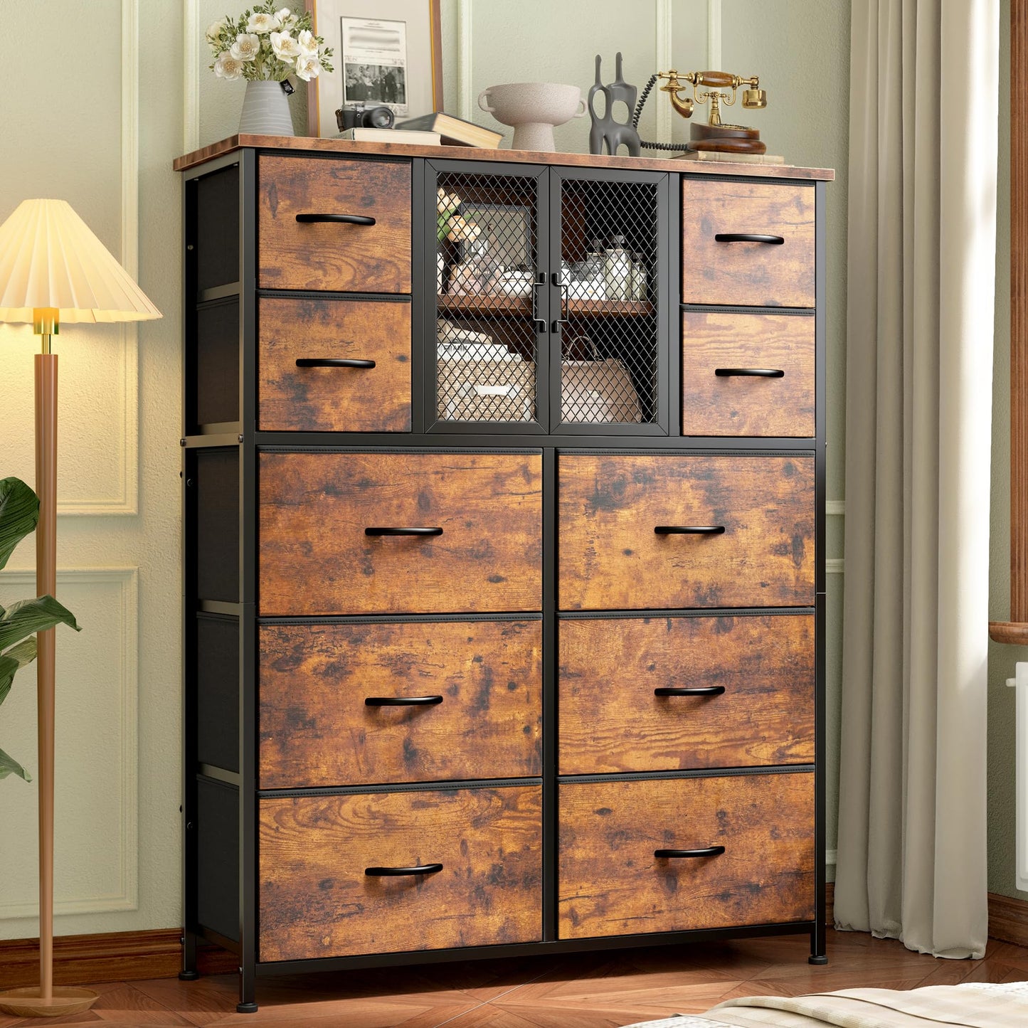 Romorgniz Tall Dressers for Bedroom with 10 Drawers, Chests of Drawers with Large Metal Mesh Door, Closet, Hallway, Rustic Brown 48.2" H x 38.1" W x 11.8" D