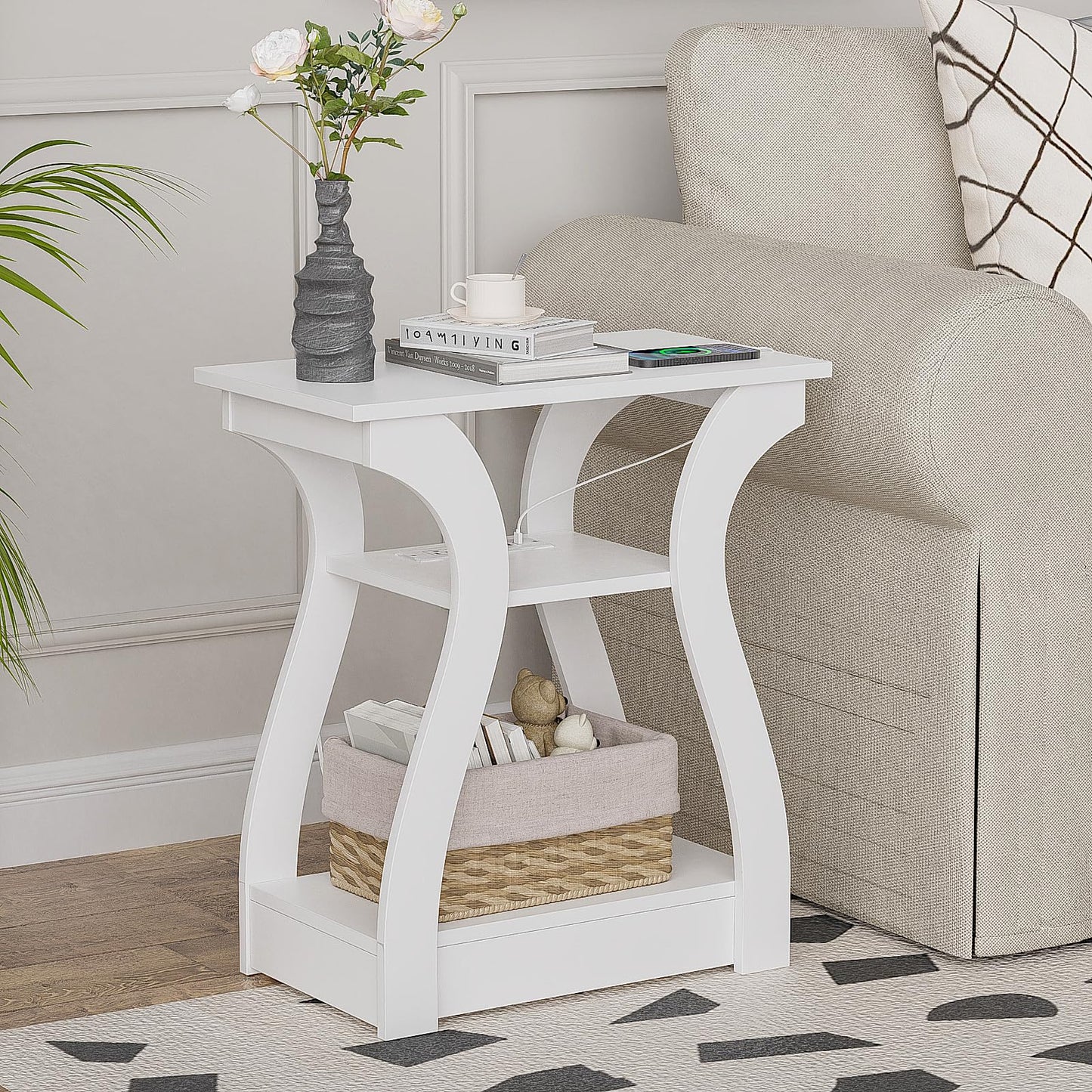 FROMJBEST End Table with Charging Station, Side Table with USB Ports and Outlets, 3 Tier Nightstand Sofa Table for Small Spaces, Beside Table with Storage Shelf for Living Room, Bedroom