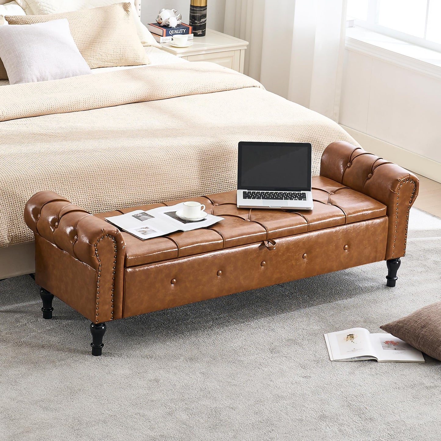 HOMYKA Storage Bench for Bedroom, Faux Leather 67" End of Bed Bench, King Size Bench with Arms, Tufted Storage Ottoman Benches, Upholstered Bench for Bedroom, Living Room, Entryway, Brown