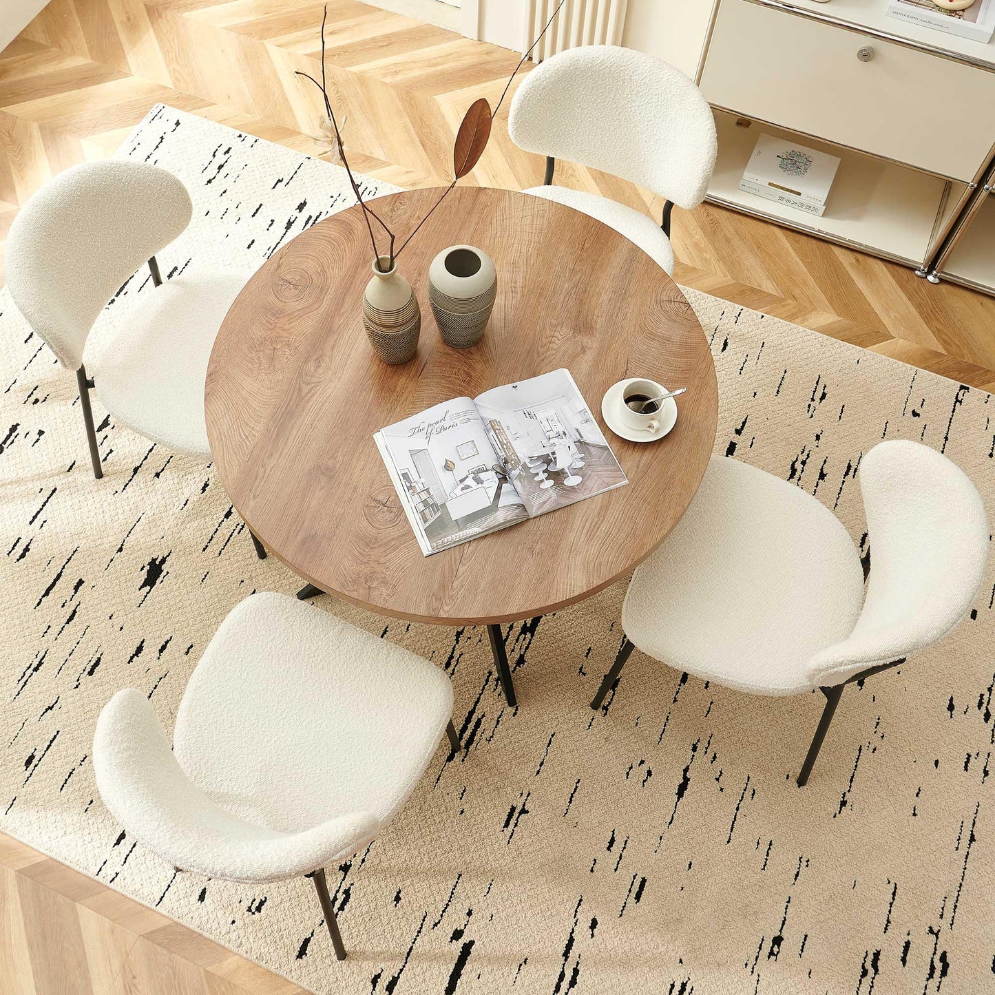 Homedot Round Dining Table Set for 4, Modern 5-Piece Kitchen Table Set, 37" Round MDF Living Coffee Table with 4 Seated Boucle Dining Chairs Upholstered, Metal Legs for Dining Hall, Living Room