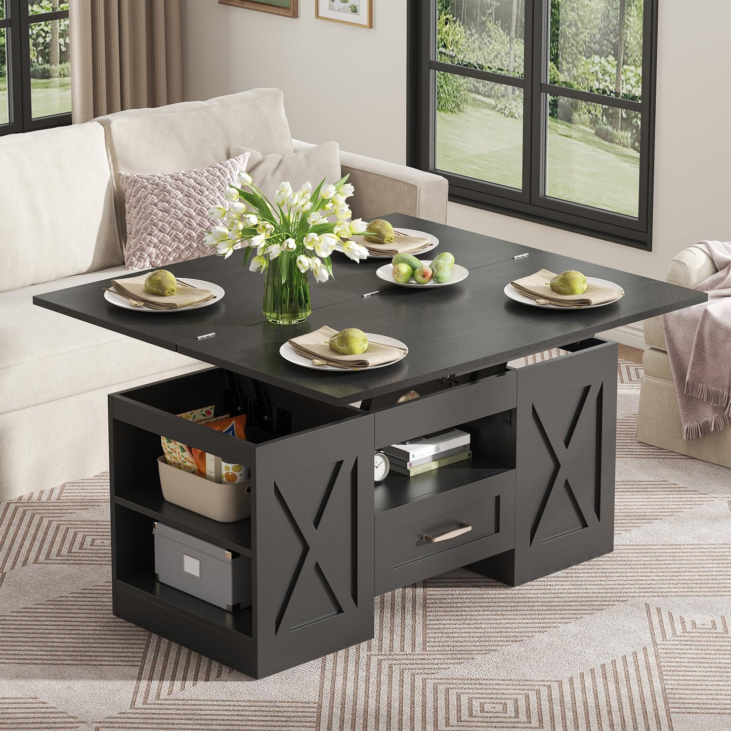 Nosepen Coffee Table, 39.37" Lift Top Coffee Table with Drawer & Open Storage Shelves, Large Rectangular Farmhouse Living Room Table, Center Table for Living Room, Home Office, Espresso, Black