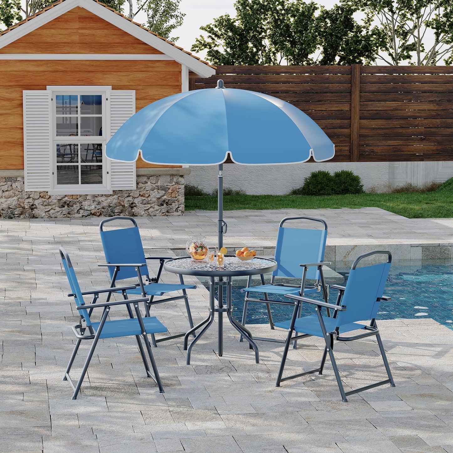 Patio Dining Set for 4 With Umbrella, Outdoor Furniture Set With 4 Folding Dining Chairs, Outdoor Table Umbrella Set With Tempered Glass Top Dinings Table