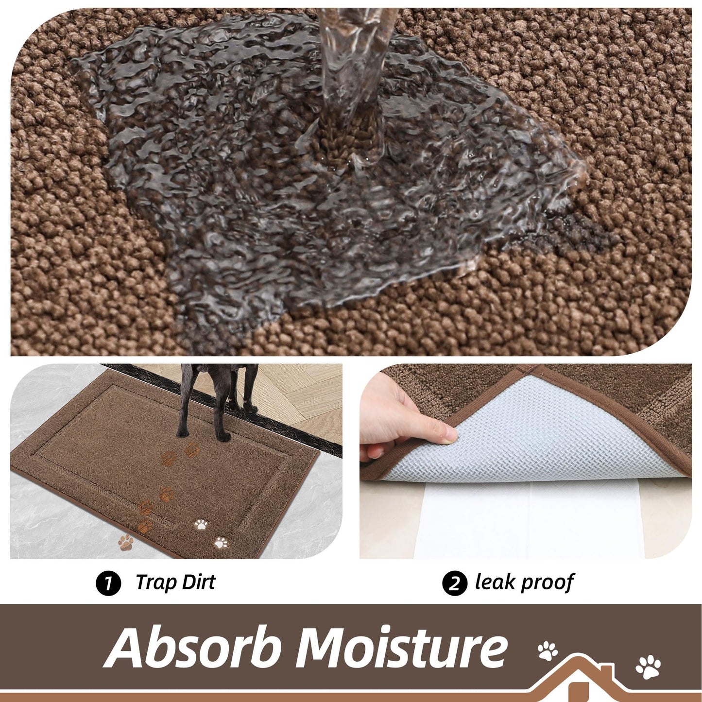 BEQHAUSE Dog Door Mat for Muddy Paws 24"x36" Dirt Trapper Absorbent Doormat Non Slip Entryway Rugs Washable Stain Resistant Welcome Floor Mat Soft Low-Profile for Front Back Door, Brown