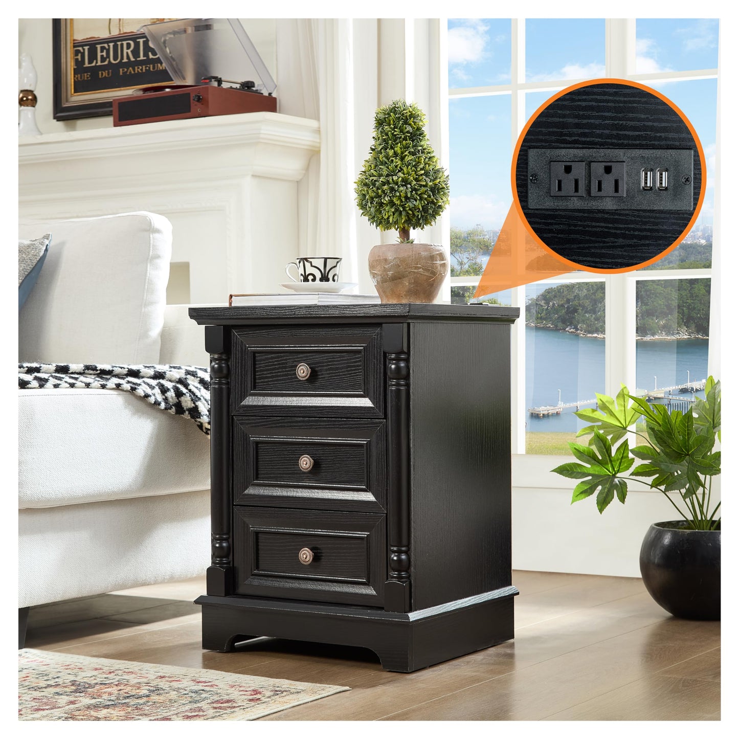 OKYCI Modern Nightstand Set of 2 with Charging Station, 3 Drawer Bedside Tables Set with Roman Column Design, Wood End Tables Set of 2 for Bedroom, Black