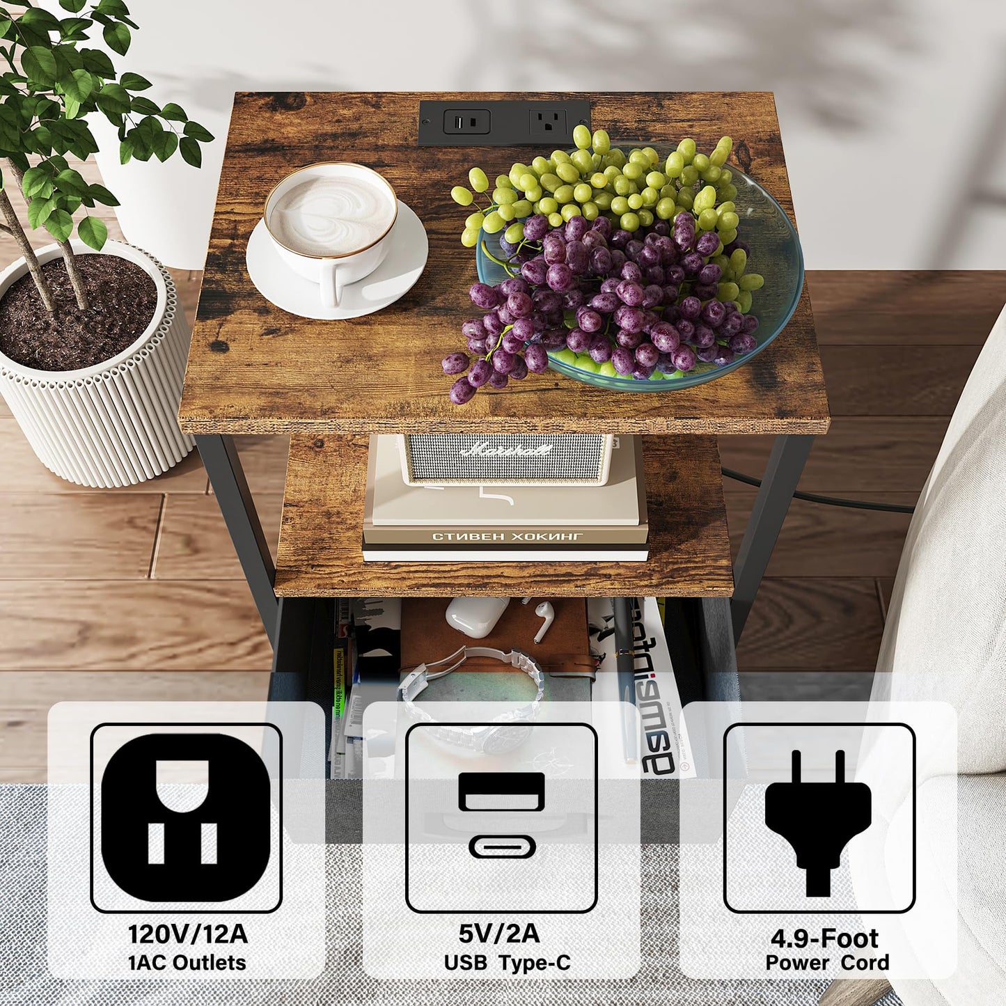 TUTOTAK End Table, Side Table with Charging Station, Nightstand Set of 2, Bedside Table with Fabric Drawer, Couch Table for Livingroom and Bedroom, Brown TB01BB0692