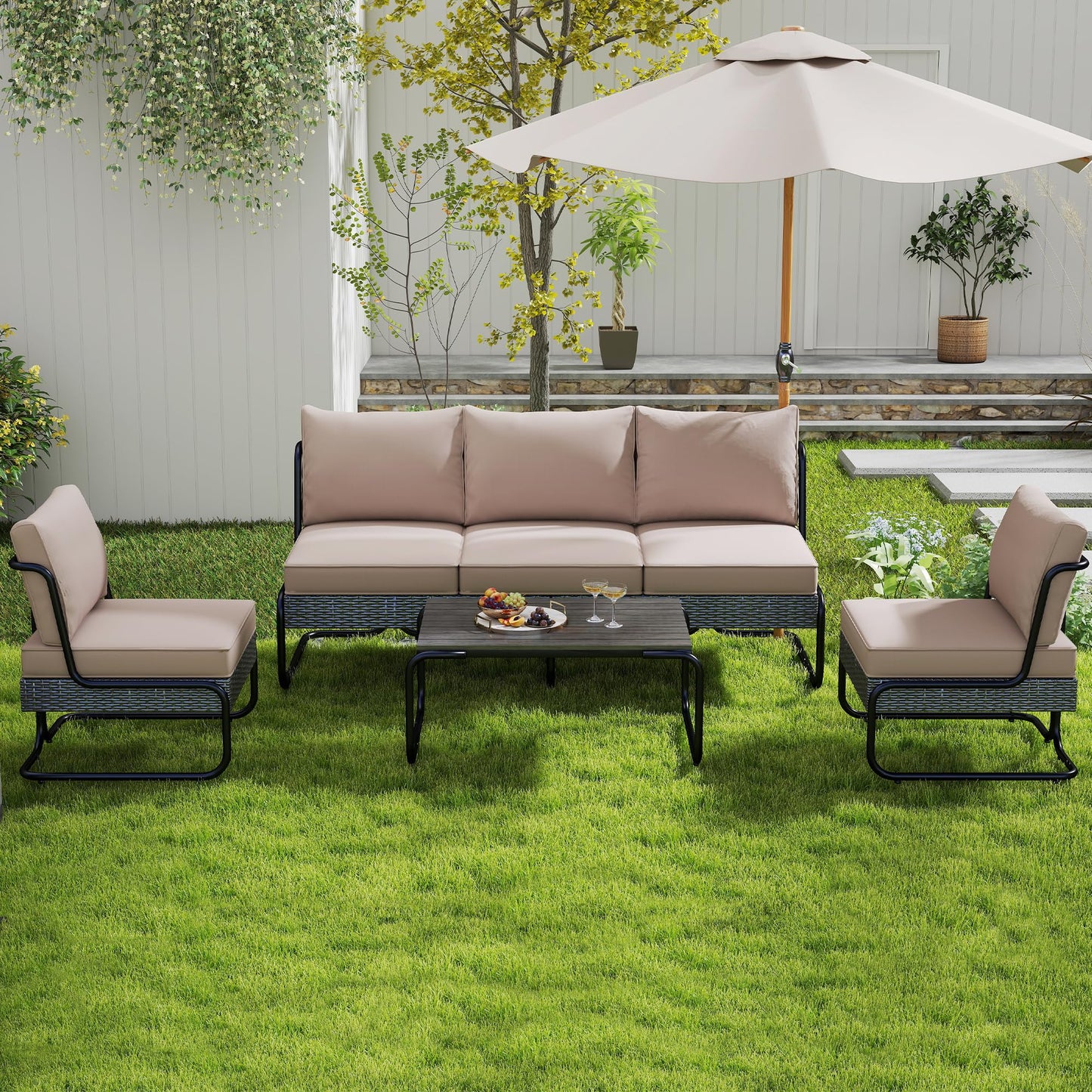 DAYARUS 4 Piece Patio Furniture Set, Modern Patio Conversation Set for 5, All Weather Bistro Furniture Set, Metal Patio Sofas Outdoor Sectional with Coffee Table and Cushions for Lawn/Garden, Khaki
