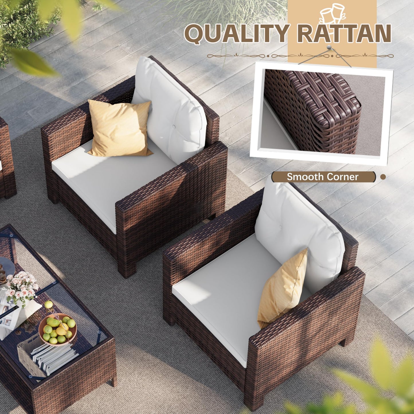 Homall 4 Pieces Patio Furniture Sets Rattan Chair Wicker Conversation Sofa Set, Outdoor Indoor Backyard Porch Garden Poolside Balcony Use (Beige)