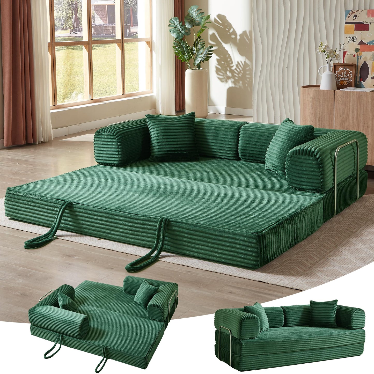 HUAYICUN 4-in-1 Convertible Folding Sleeper Sofa Bed, Plush Corduroy Foldable Mattress Couch with Fixed-Shape Frame, Floor Compressed Sofa for Living Room, Bedroom (Green)