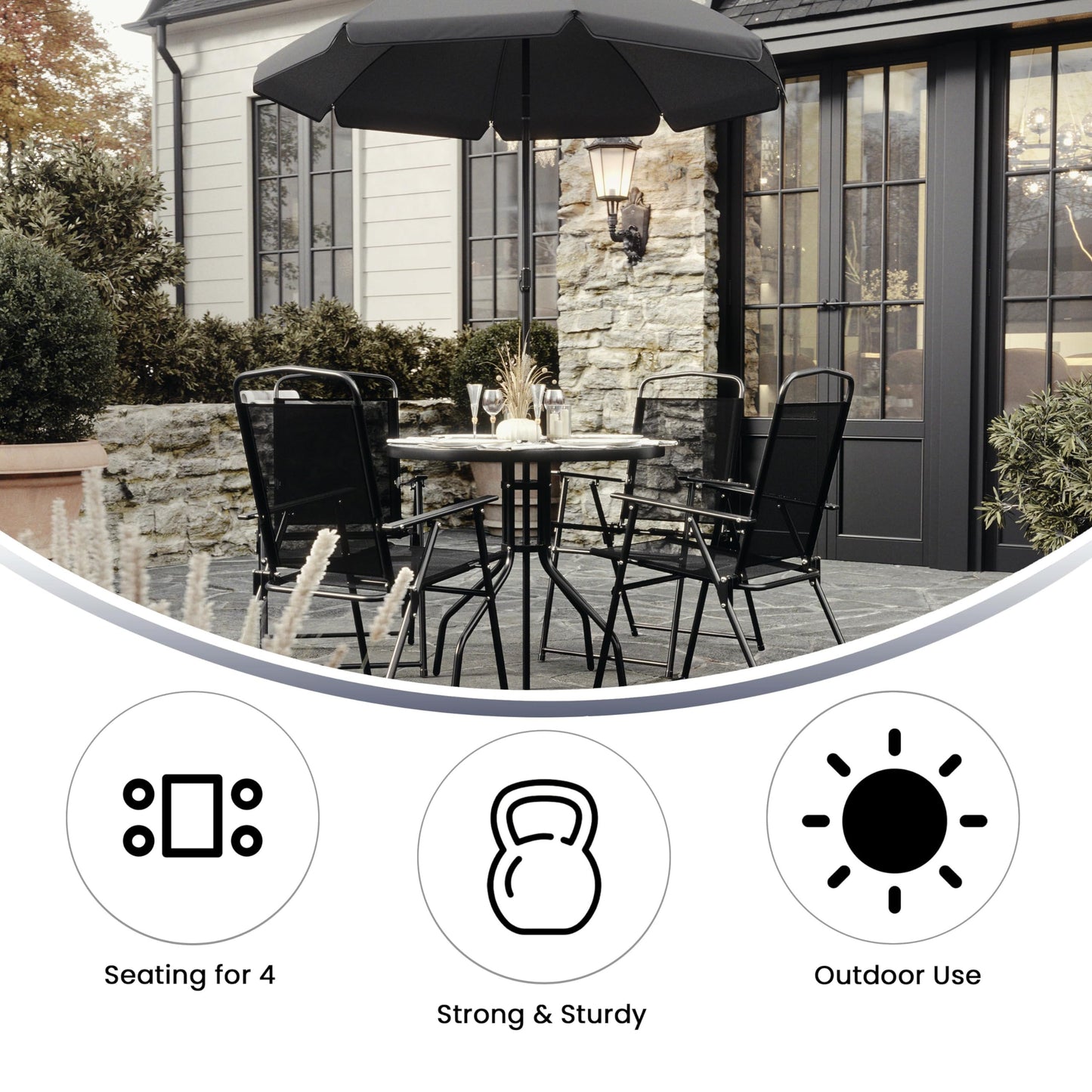 Flash Furniture Nantucket 6-Piece Patio Dining Set with Glass Table, 4 Folding Chairs, and Umbrella, Outdoor Patio Set, Black