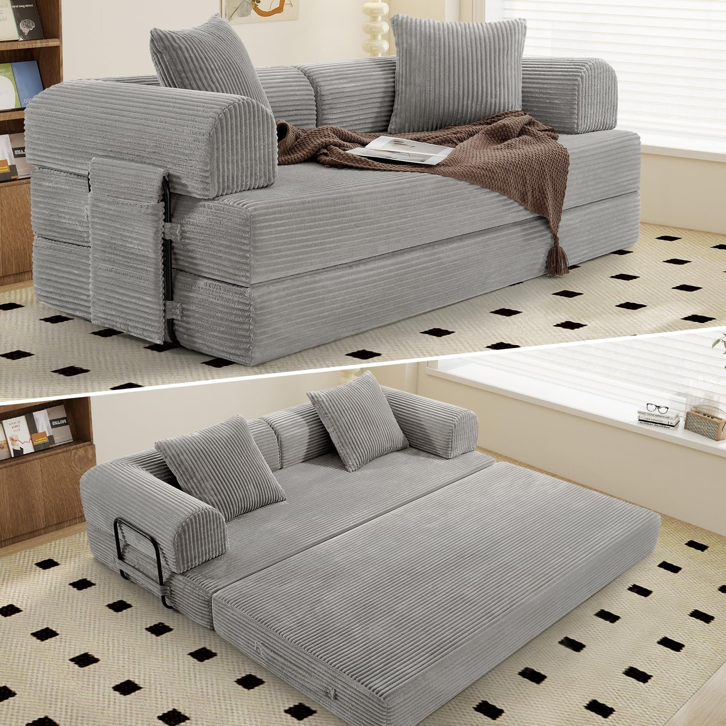 Luxanimarion Convertible Coarser Corduroy Sleeper Sofa Bed with Cylindrical Pillow, Folding Mattress Couch with Fixed-Shape Frame, Floor Sofa Lounge Couch for Living Room Bedroom Lounge Studio, Grey