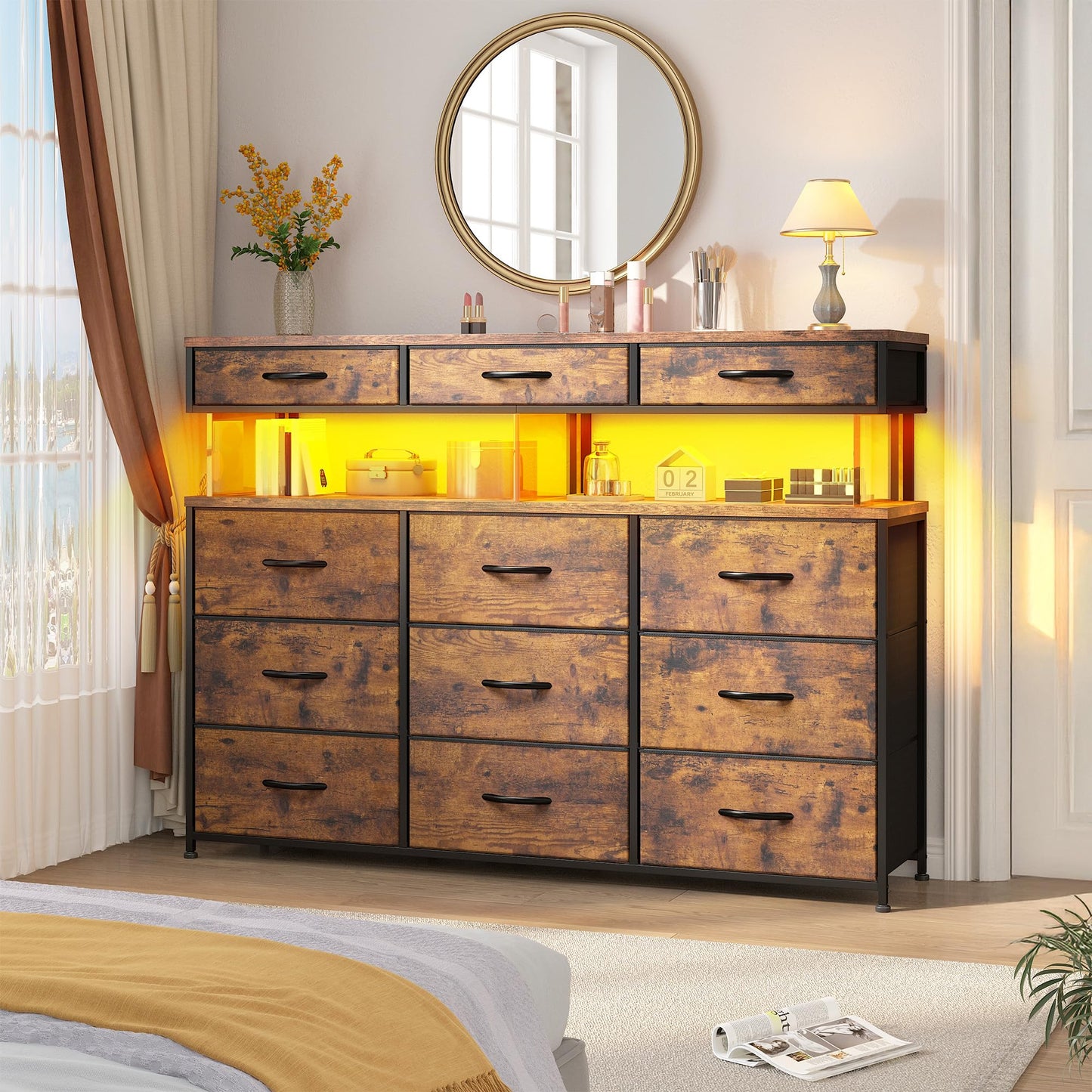 Dresser for Bedroom with 12 Drawers, Dresser with LED & Charging Station, 38.6''H Dressers & Chests of Drawers with with 10mm Sturdy Acrylic Sheet, for Bedroom, Closet, Entryway, Rustic Brown