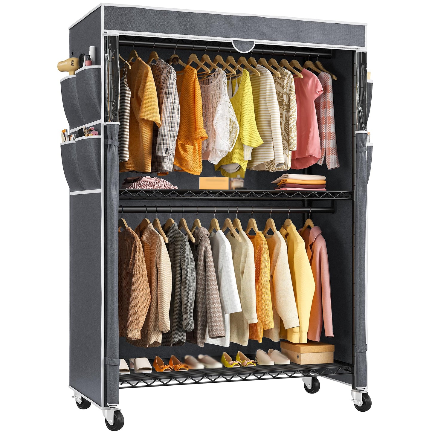 Raybee Clothes Rack with Cover, 81" H Clothing Racks for Hanging Clothes, Portable Closet with Wheels and Adjustable Feets, Max Load 440LBS, Black