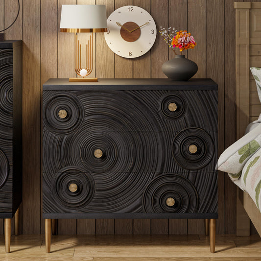 Aoikax Farmhouse 3 Drawer Dresser with Ring Motif, Disstressed Boho Nightstand for Bedroom, Entryway, French Country, Embossed, Black & Gold