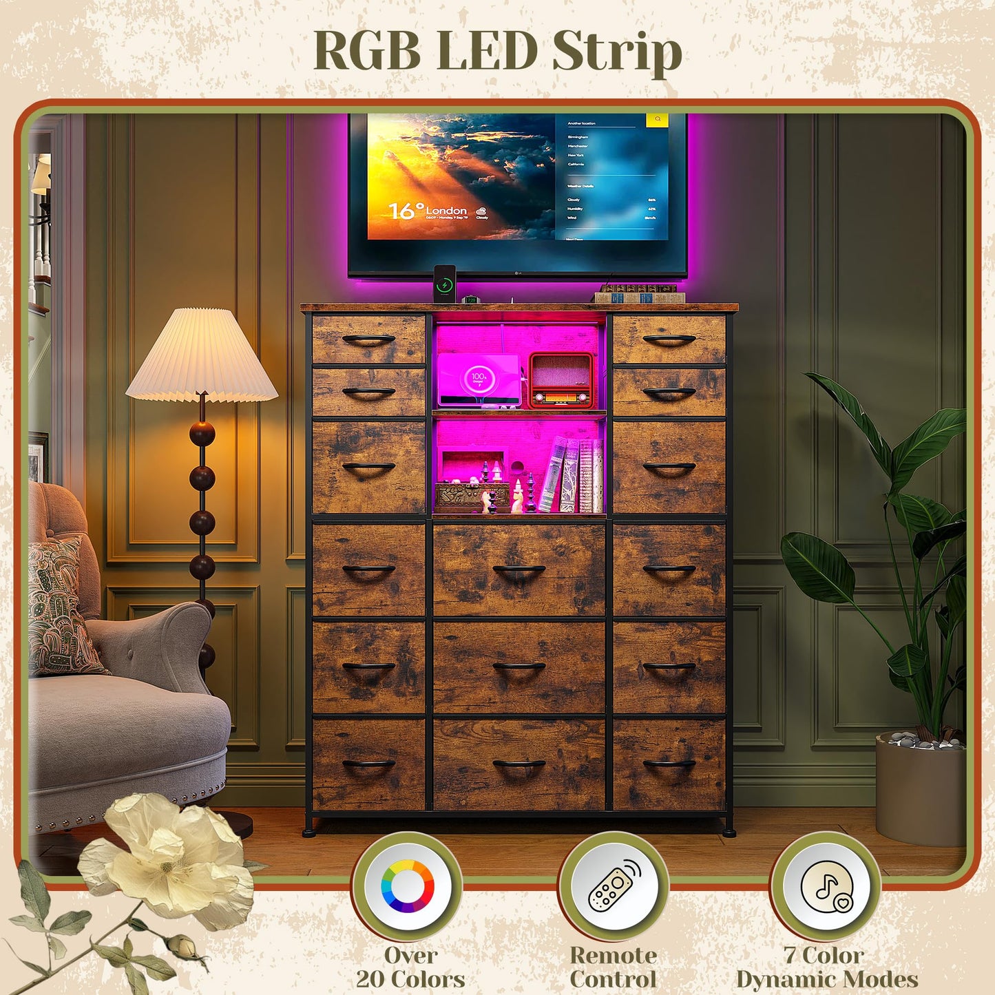 Romorgniz Tall Dresser for Bedroom with Charging Station and LED, Fabric Chests of Drawers with 15 Drawers and Extra 2 Open Shelves for Storage and Organization, for Closet, Hallway (Rustic Brown)