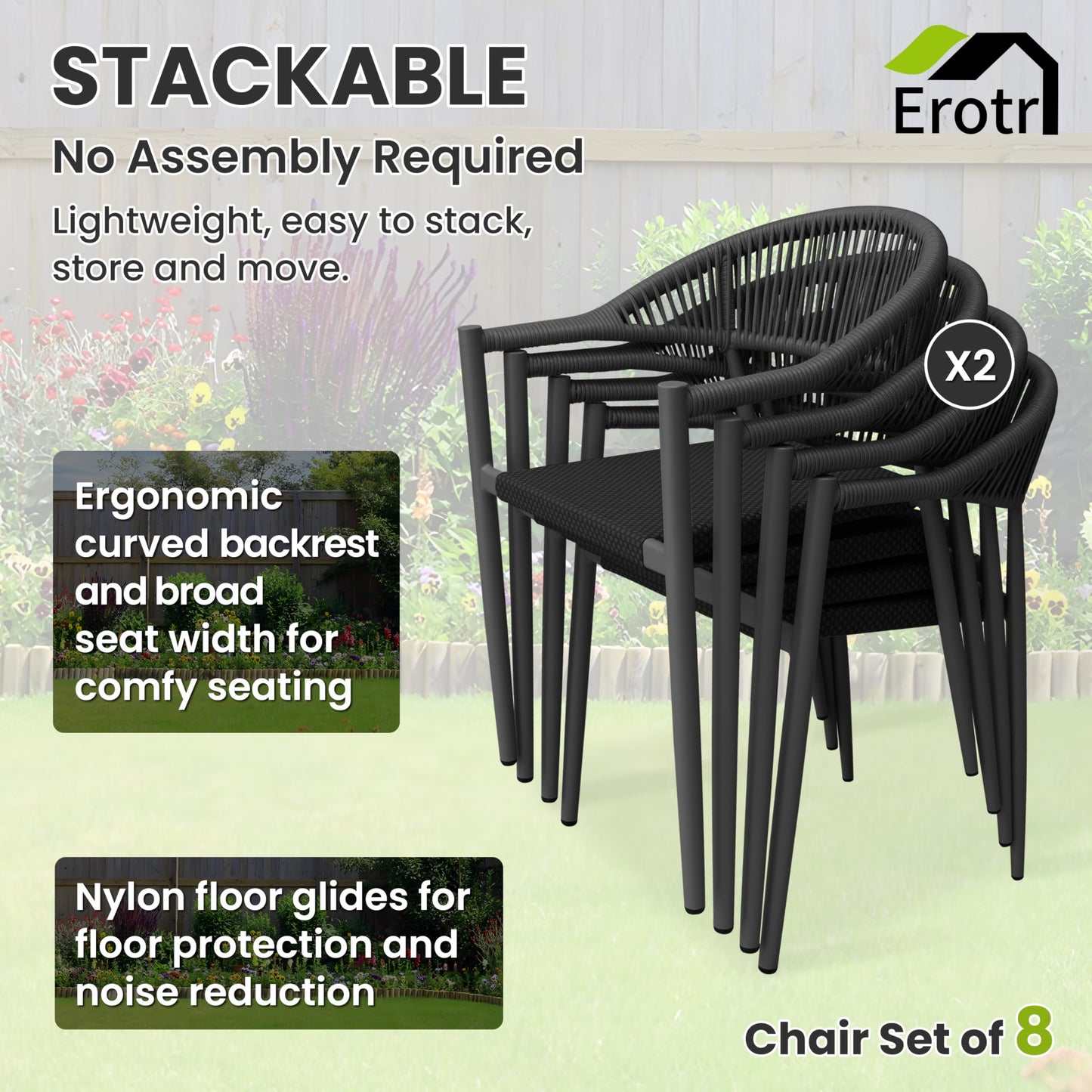 Erotr 4 Pcs Stackable Patio Dining Chairs, Aluminum Rattan Outdoor Dining Chair with Arms, Woven Rope Garden Armchair Metal No Assembly for Bistro Balcony Porch Deck Yard Cafe Restaurant, Black