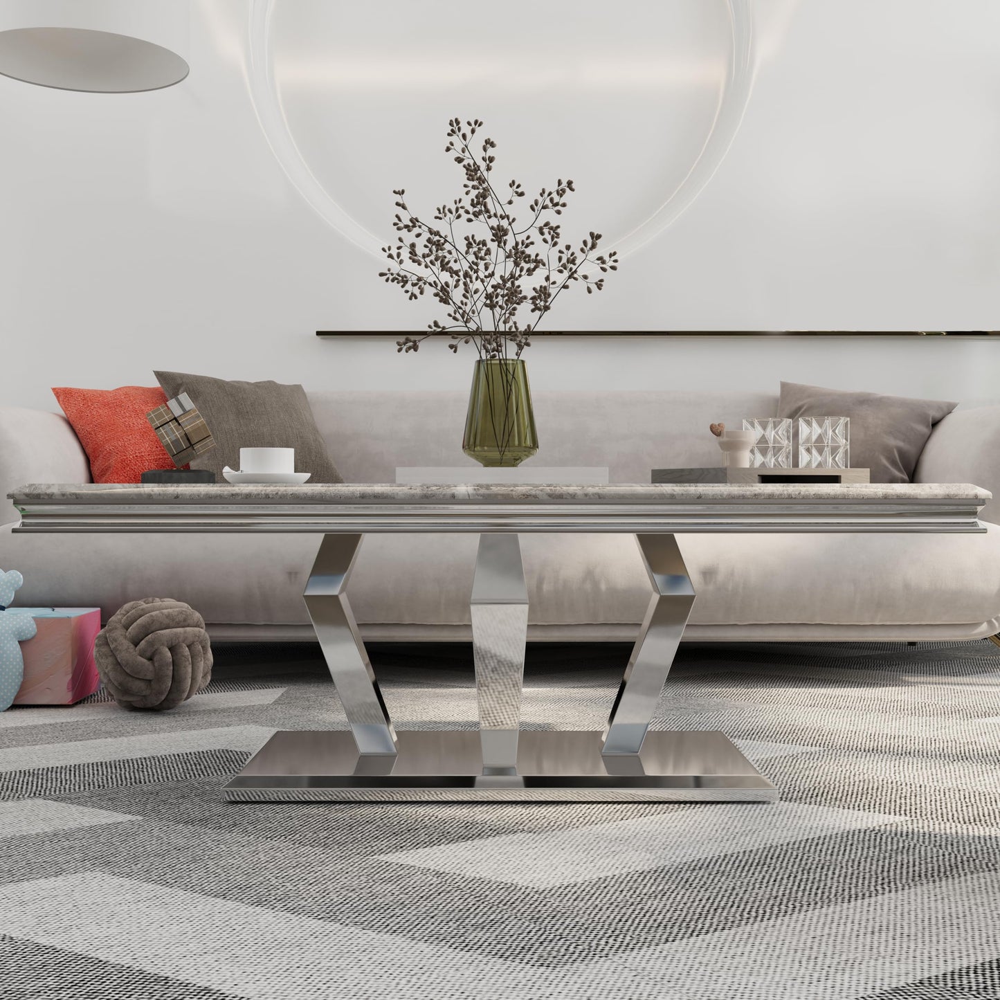 Asday Silver Gray Coffee Table with Four Metal Geometric Legs and 48‘’ High Gloss Top for Living Room, Office, Reception Room