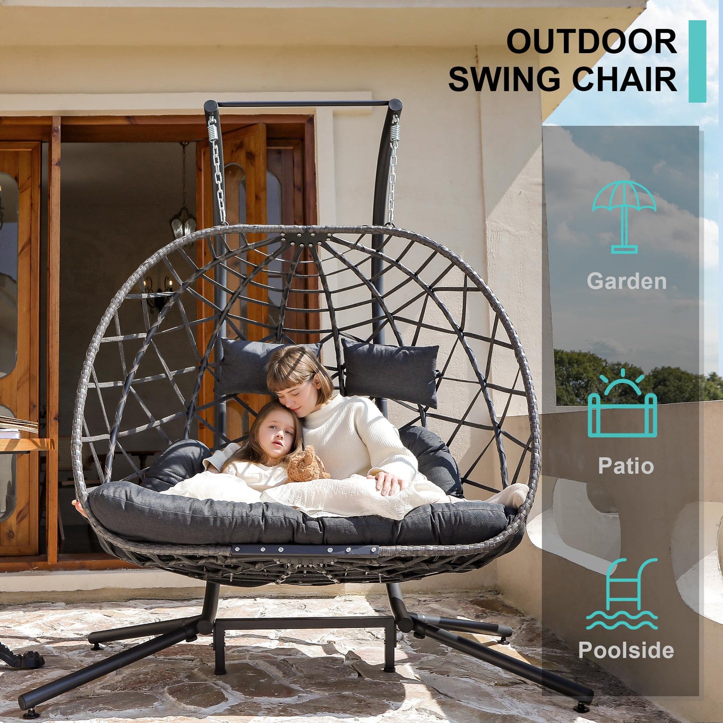 SWITTE Double Egg Swing Chair with Stand, 2 Person Outdoor Indoor Hammock Hanging Chair with Cushion for Patio Living Room 550 LBS Capacity-Dark Grey
