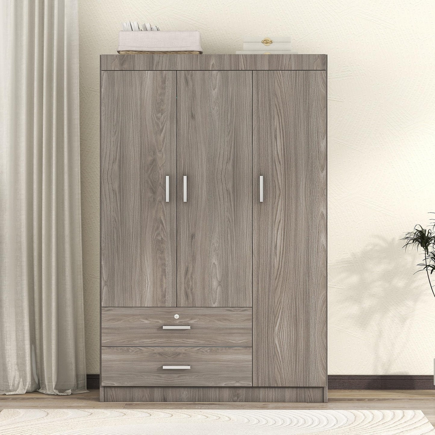 LZ LEISURE ZONE 3 Doors Wardrobe Armoire Closet, Large Freestanding Armoire Wardrobe Cabinet with 2 Drawers, Bedroom Wardrobe Clothes Storage Cabinet Organizer, Wood Grain Effect in Gray, LP006001