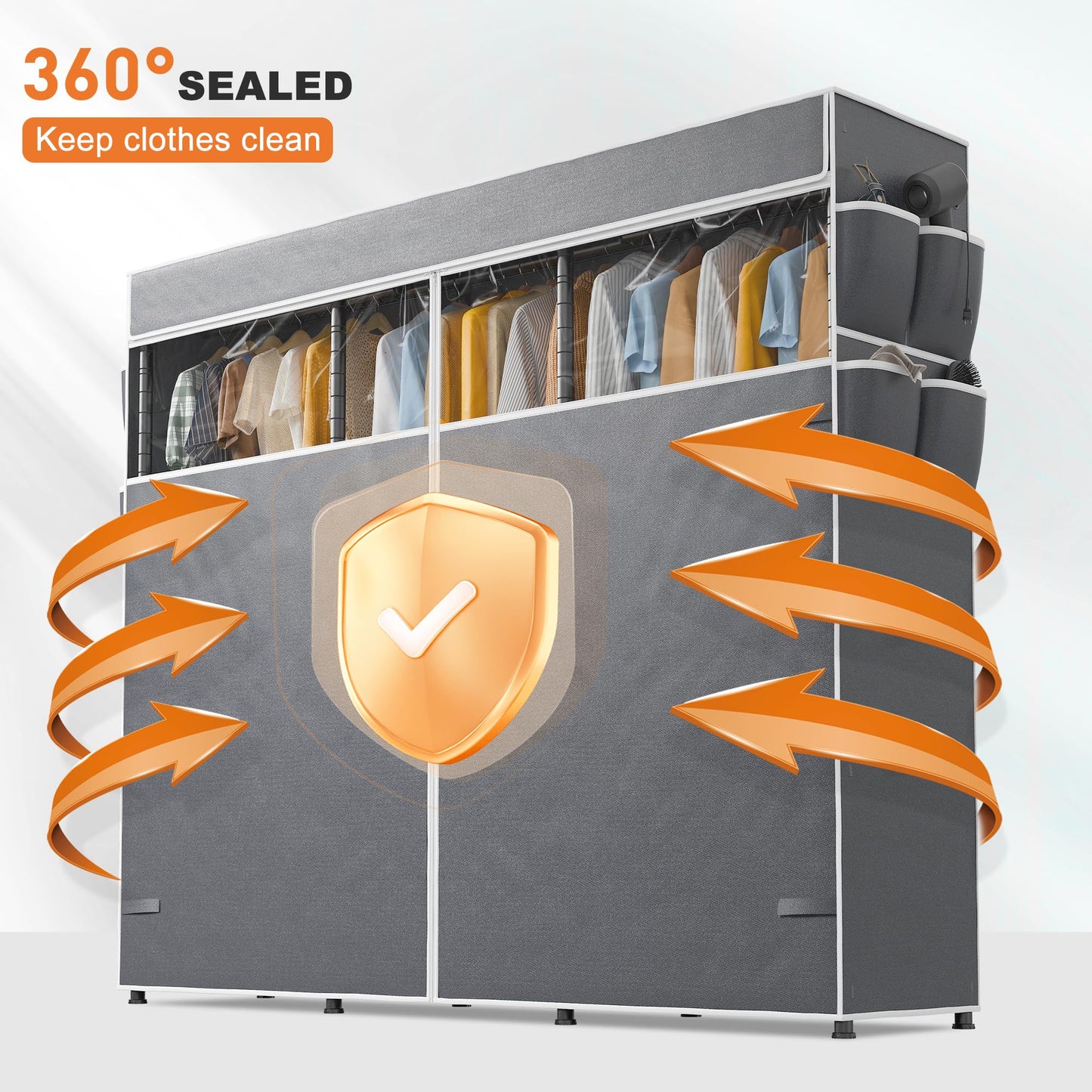 Raybee Garment Rack Cover Only, Fabric Clothing Rack Cover with Zipper, with PVC Clear Window & 8 Side Storage Pockets, Cover Only 76.7" W X 75.1" H X 17.9" D(Large)