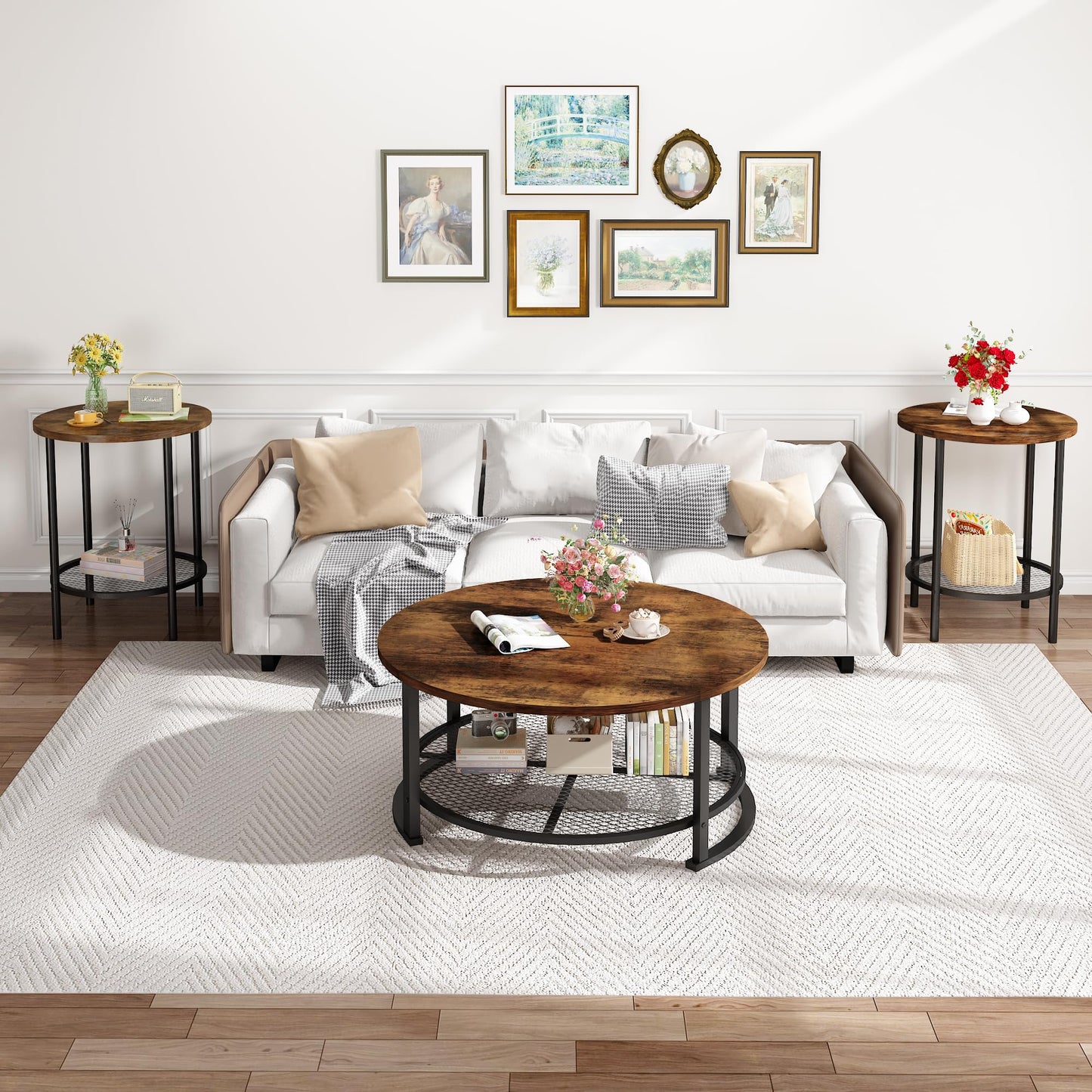 DKLGG 3-Piece Coffee Table and End Table Sets for Living Room, Round Coffee and End Table Set of 3 with Large Storage, Modern Farmhouse Furniture for Apartment Home (Rustic Brown)