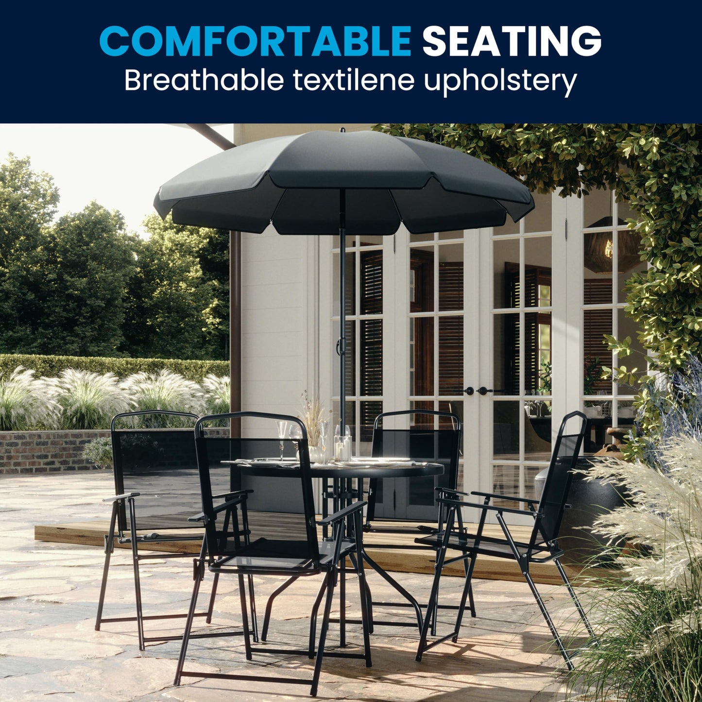 Flash Furniture Nantucket 6-Piece Patio Dining Set with Glass Table, 4 Folding Chairs, and Umbrella, Outdoor Patio Set, Black