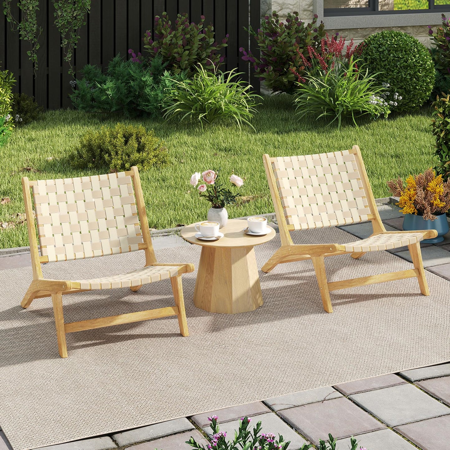 Tangkula Teak Wood Patio Dining Chair, Outdoor Wooden Mid-Century Accent Armless Chair w/Webbing Seat & Backrest, for Living Room, Balcony, Porch, Backyard, Lawn, Poolside, Garden, Deck (Natrual,2)