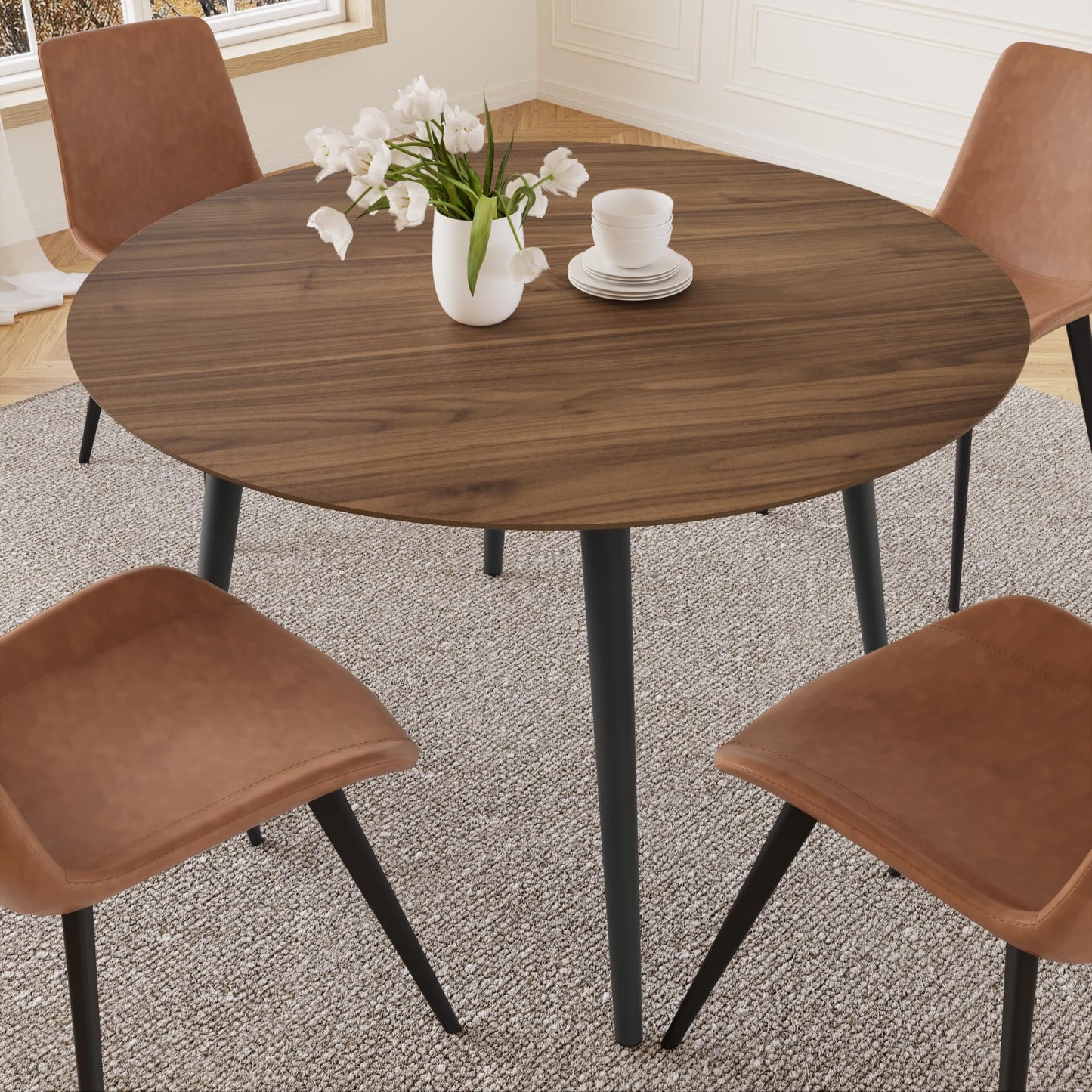 HIPIHOM 43.3 Inch Round Dining Table Set for 4, Modern Small Kitchen Coffee Set for Dining Room Kitchen Apartment (Walnut Table + 4 Brown Chairs)