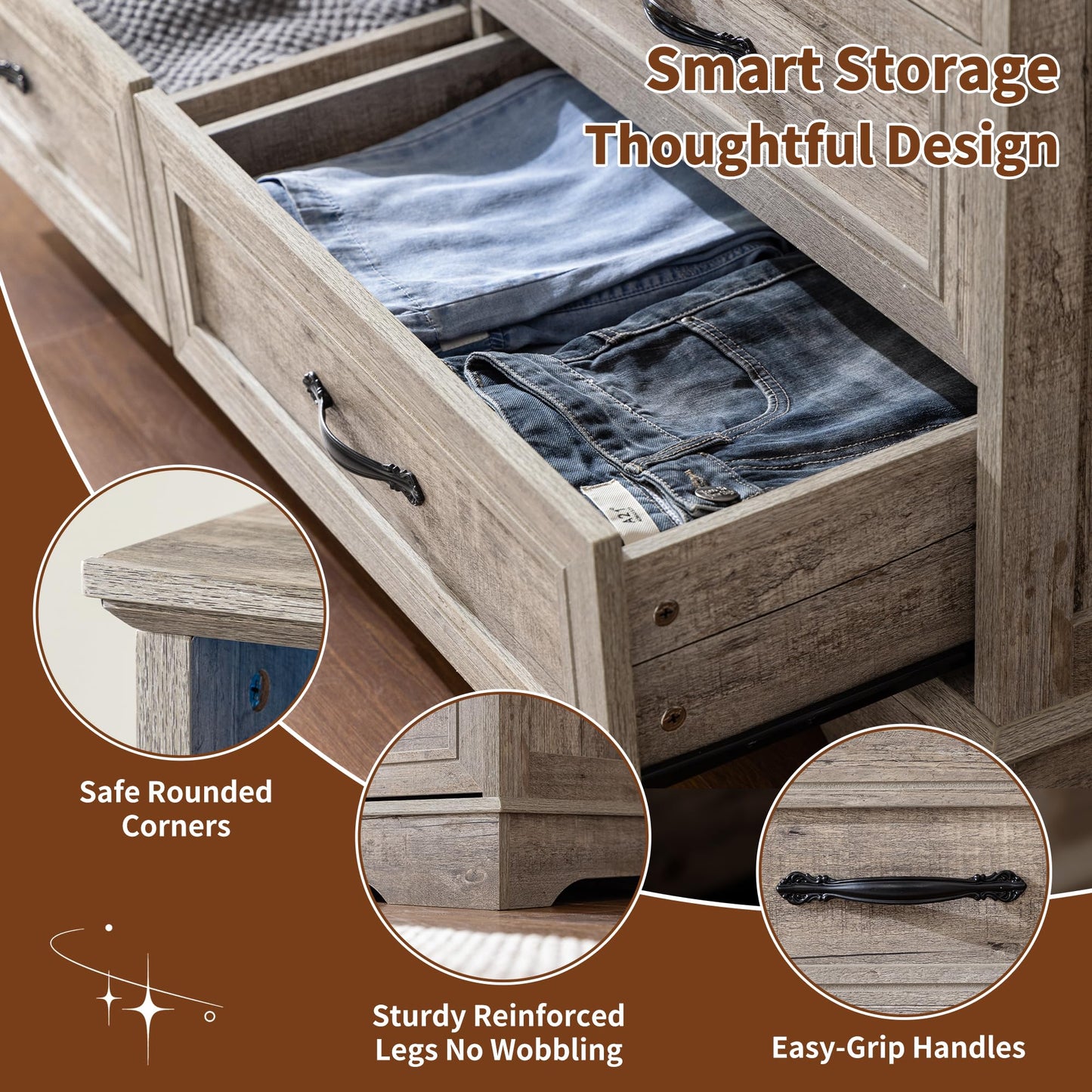 Homkdom Dressers for Bedroom,6 Drawers Dresser with LED Light,Power Outlets and Open Shelves,Chests of Drawers for 65 inch TV, for Hallway, Entryway, Light Rustic Oak