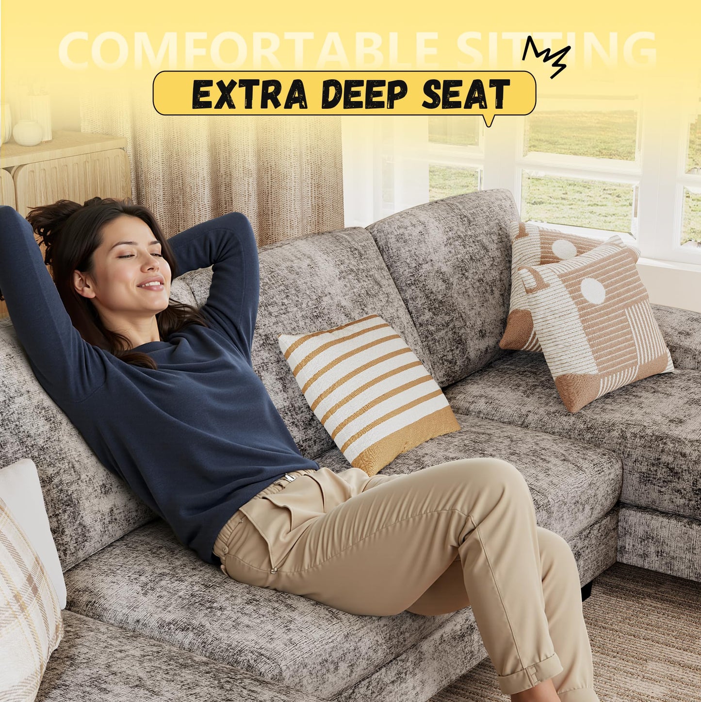 JUMMICO Sectional Couches for Living Room, U Shaped Couch with Chenille Fabric, 4 Seat Modern Sofa with Removable Pillows for Apartment and Small Space (Fabric, Grey)