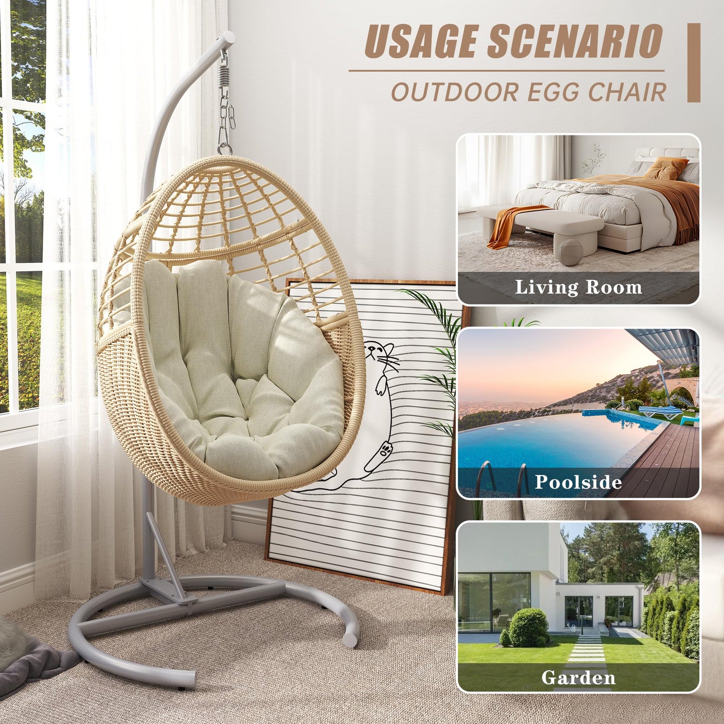 TWT Egg Swing Chair with Stand Hanging Egg Chair Outdoor - Rattan Wicker Patio Hanging Basket Chair Hammock Chair with Metal Frame and UV Resistant Cushion for Indoor Bedroom Balcony (Beige)